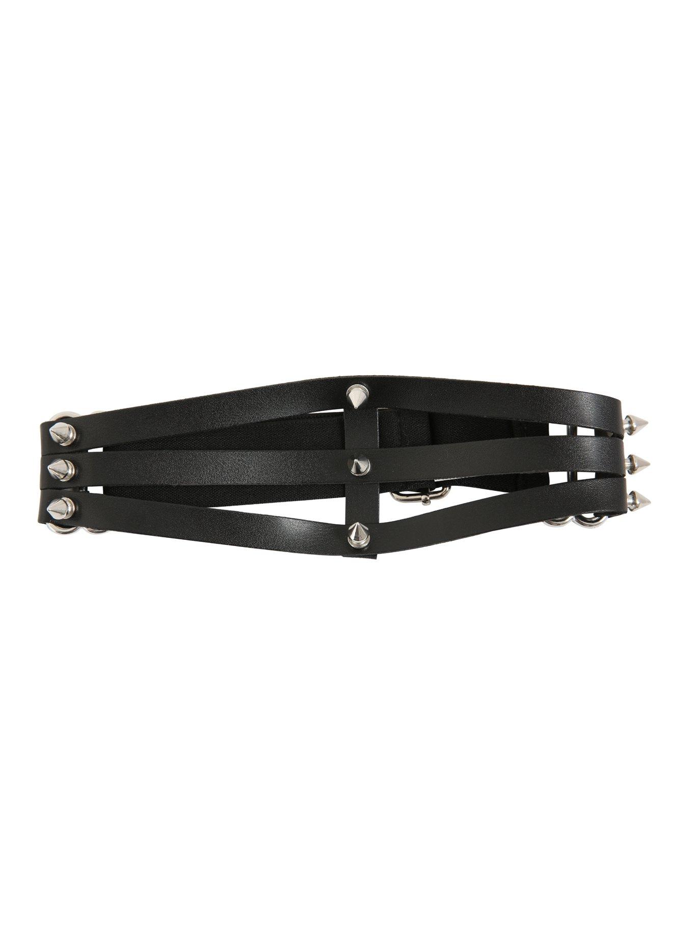 Black Faux Leather 3 Row Spike Leg Belt, , alternate