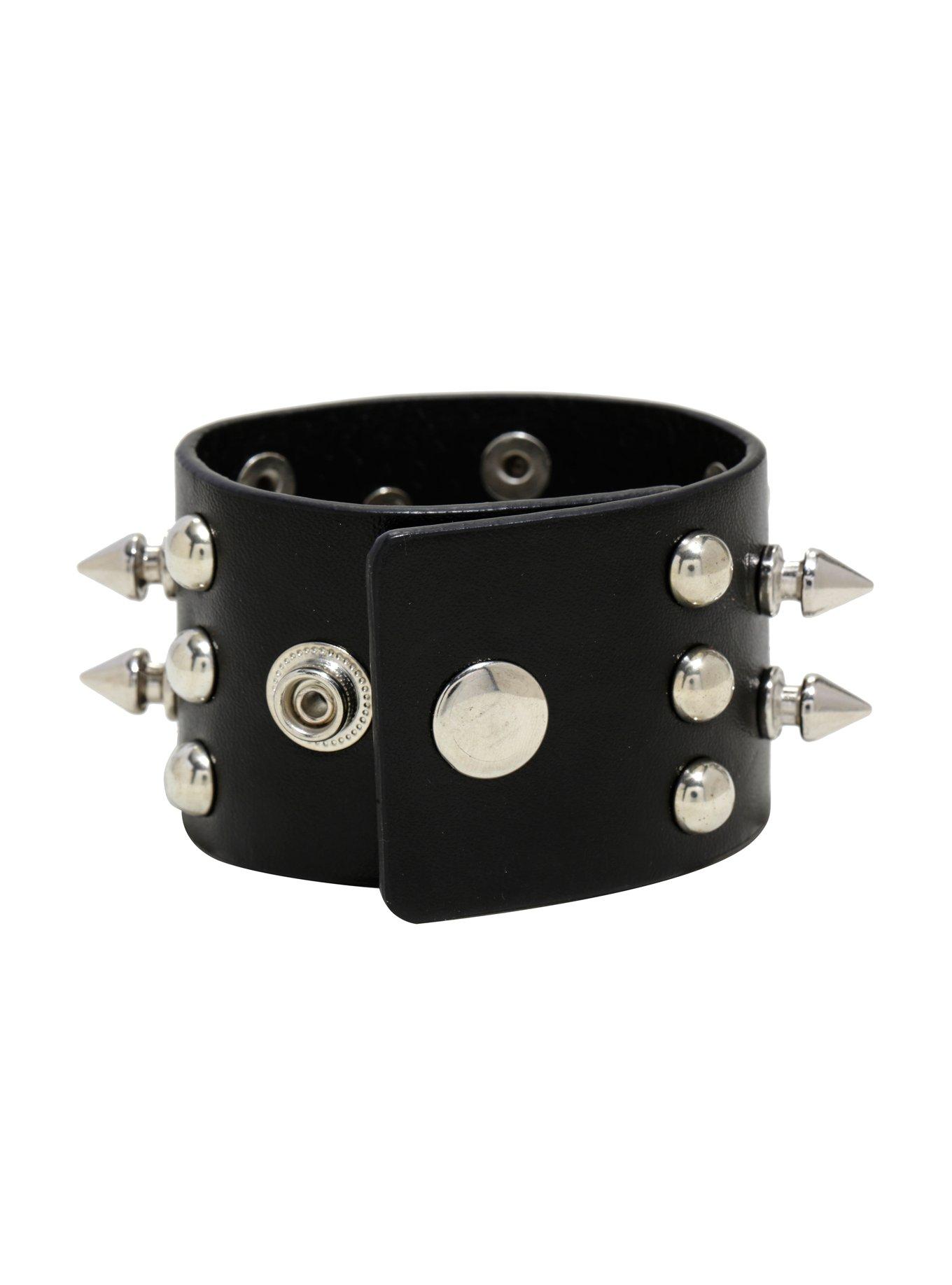 Double Row Black Faux Leather Spike & Stud Cuff, , alternate