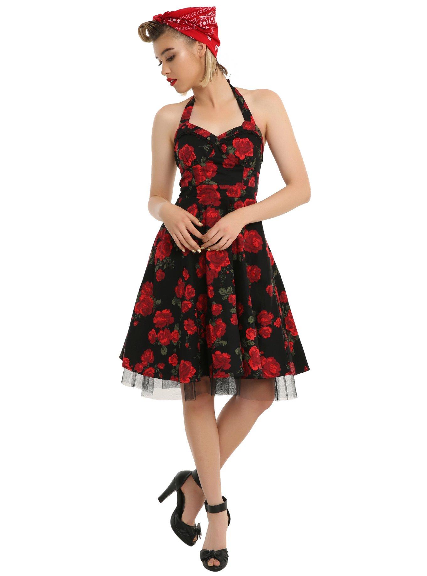 Black & Red Floral Halter Dress, , alternate