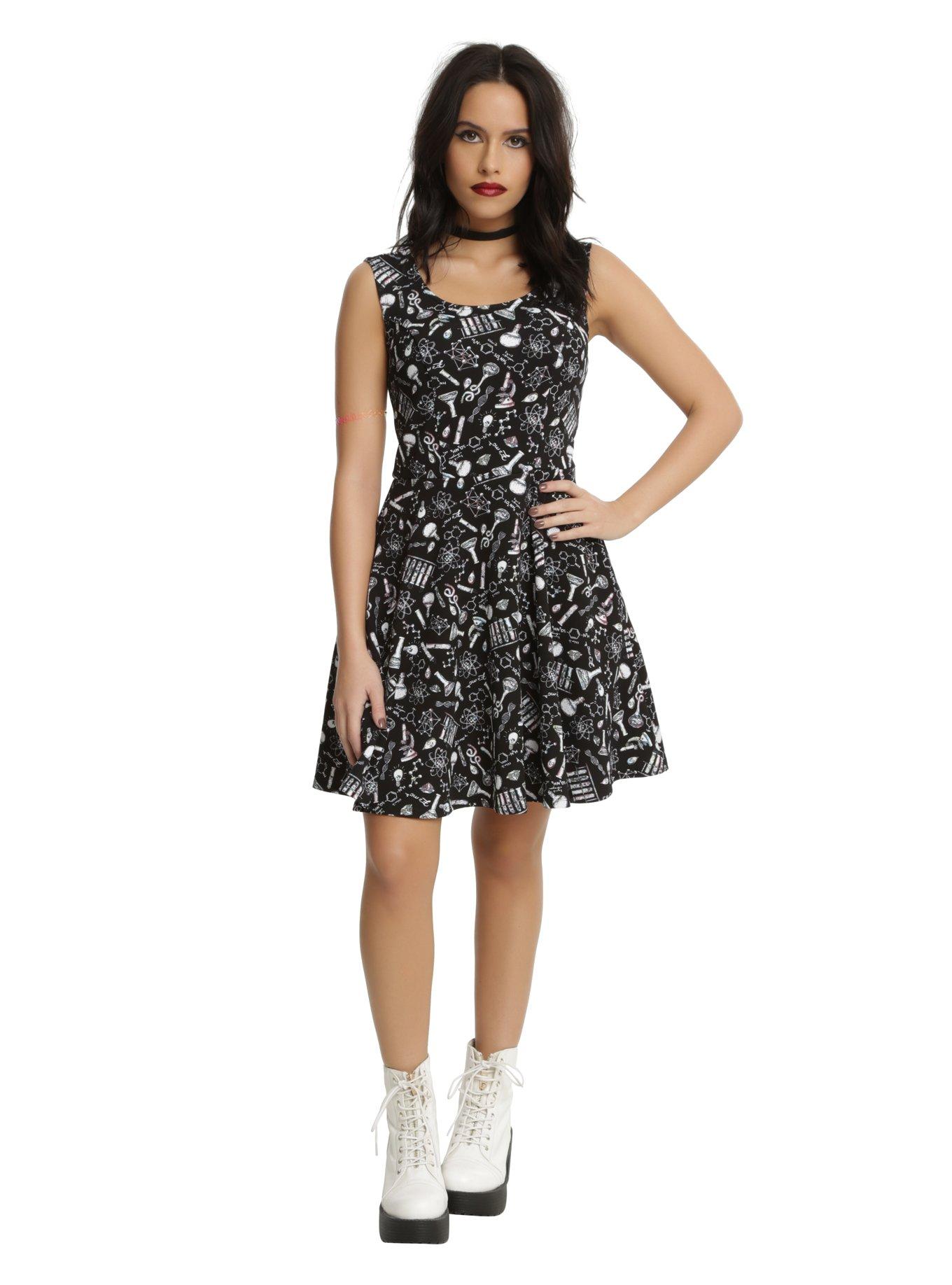 Black Pastel Science Print Fit & Flare Dress, , alternate