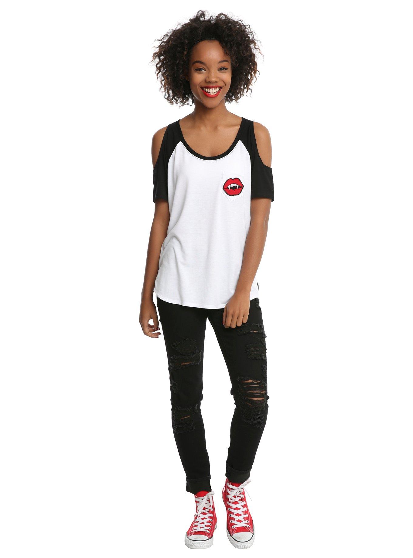 Black & White Fangs Cold Shoulder Girls Short-Sleeved Raglan, , alternate