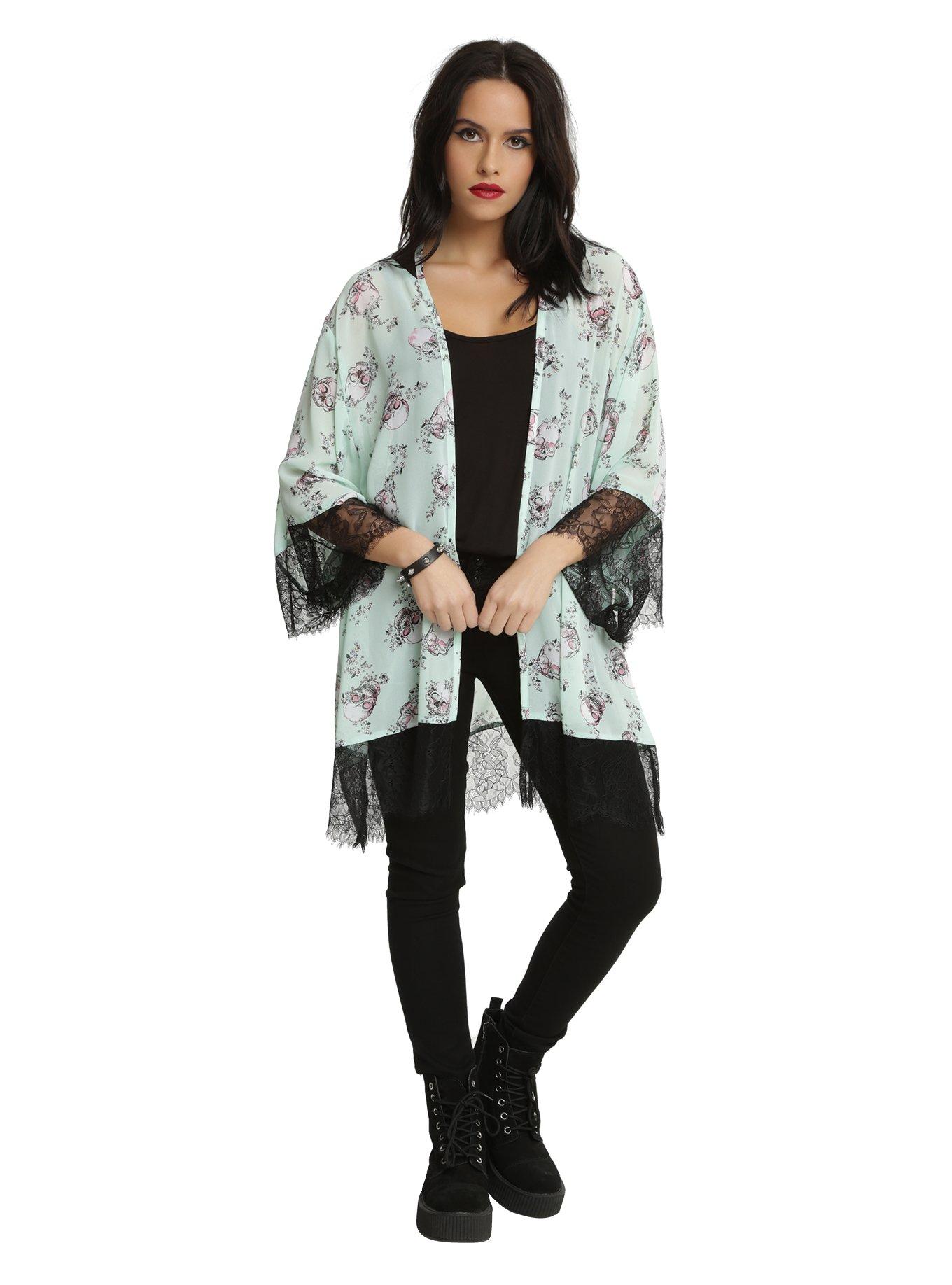 Mint Floral Skull Kimono, , alternate