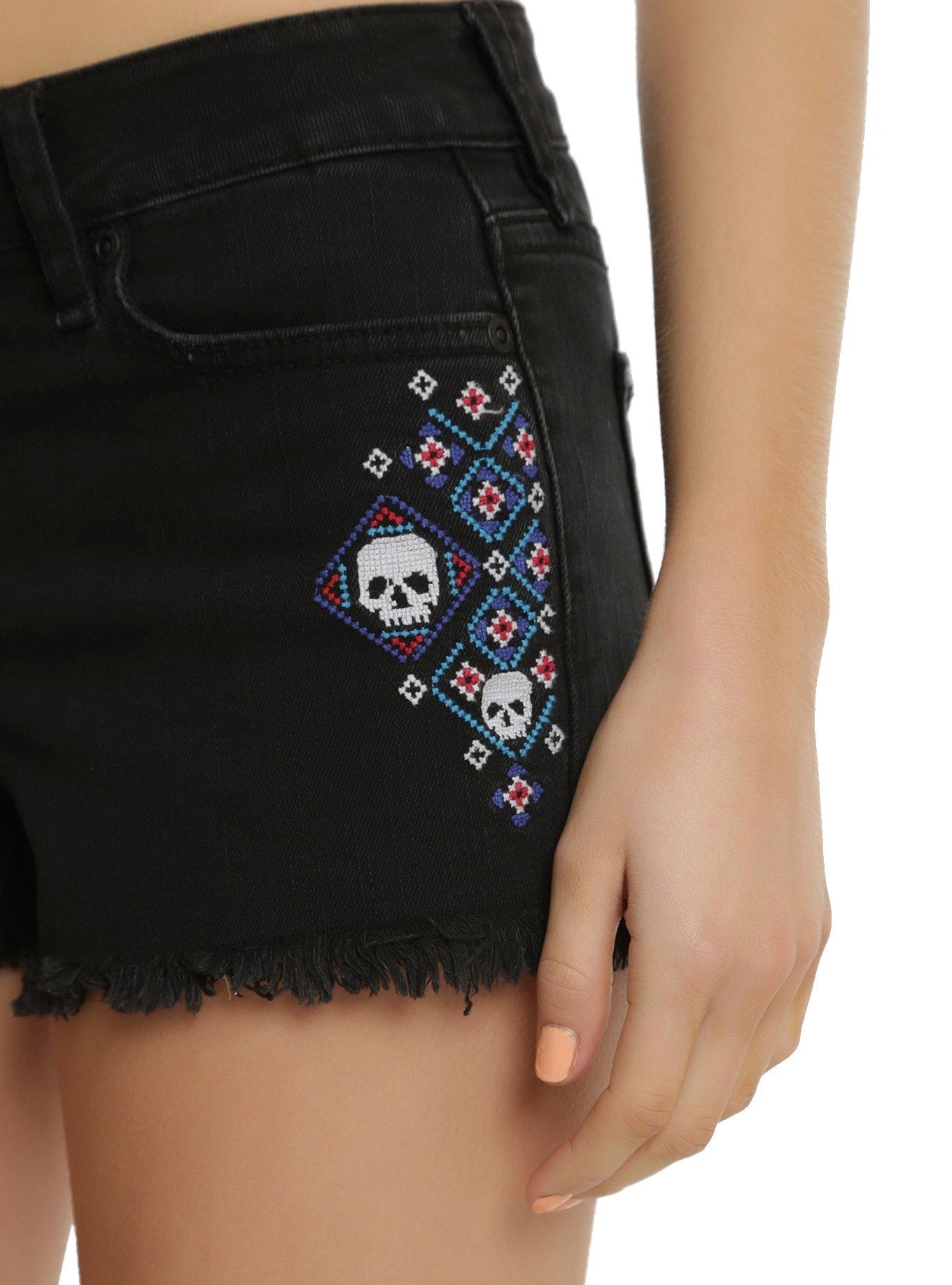 Blackheart Skull Embroidered Black Shorts, , alternate
