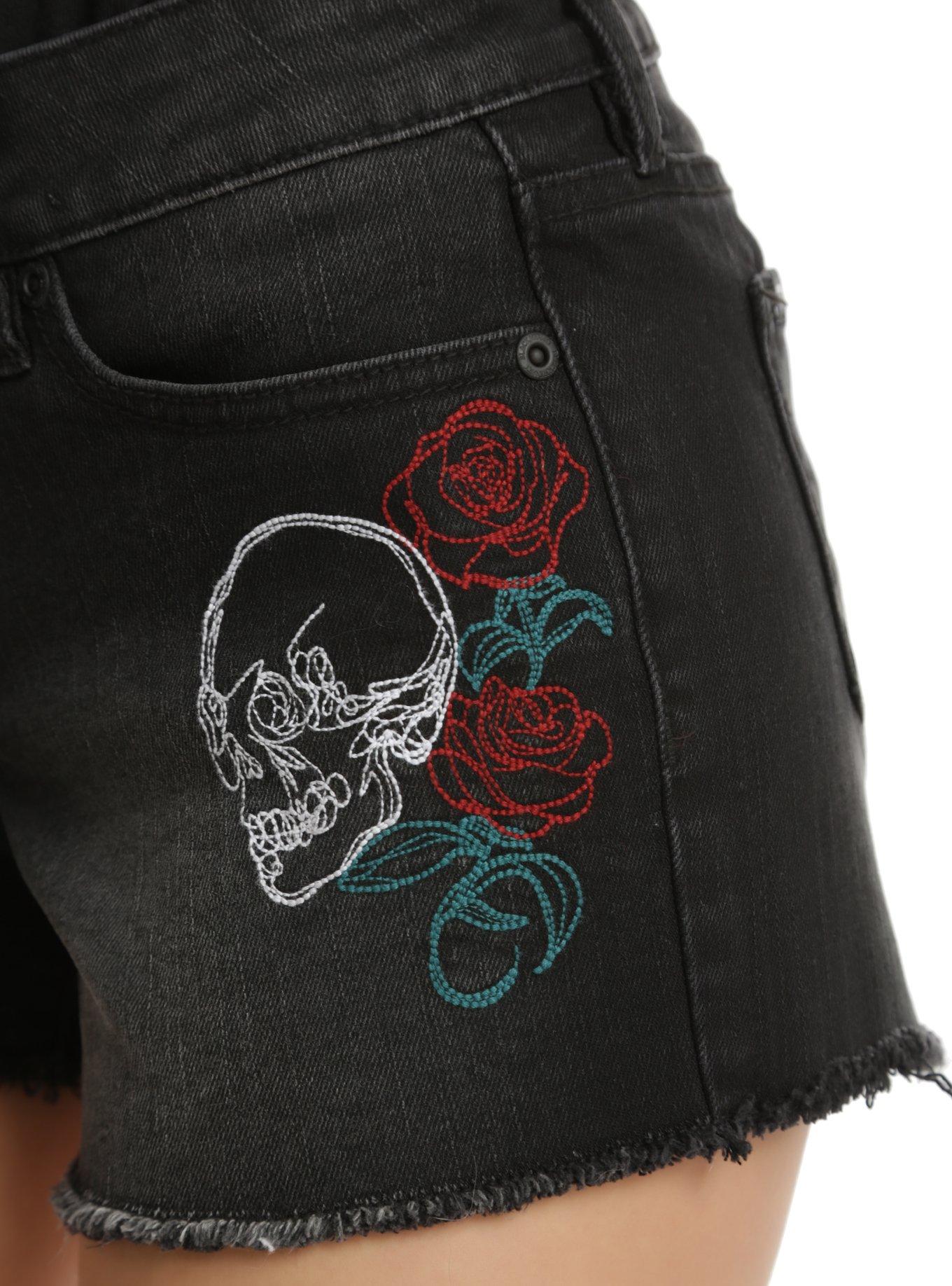 Blackheart Skull & Rose Embroidered Shorts, , alternate