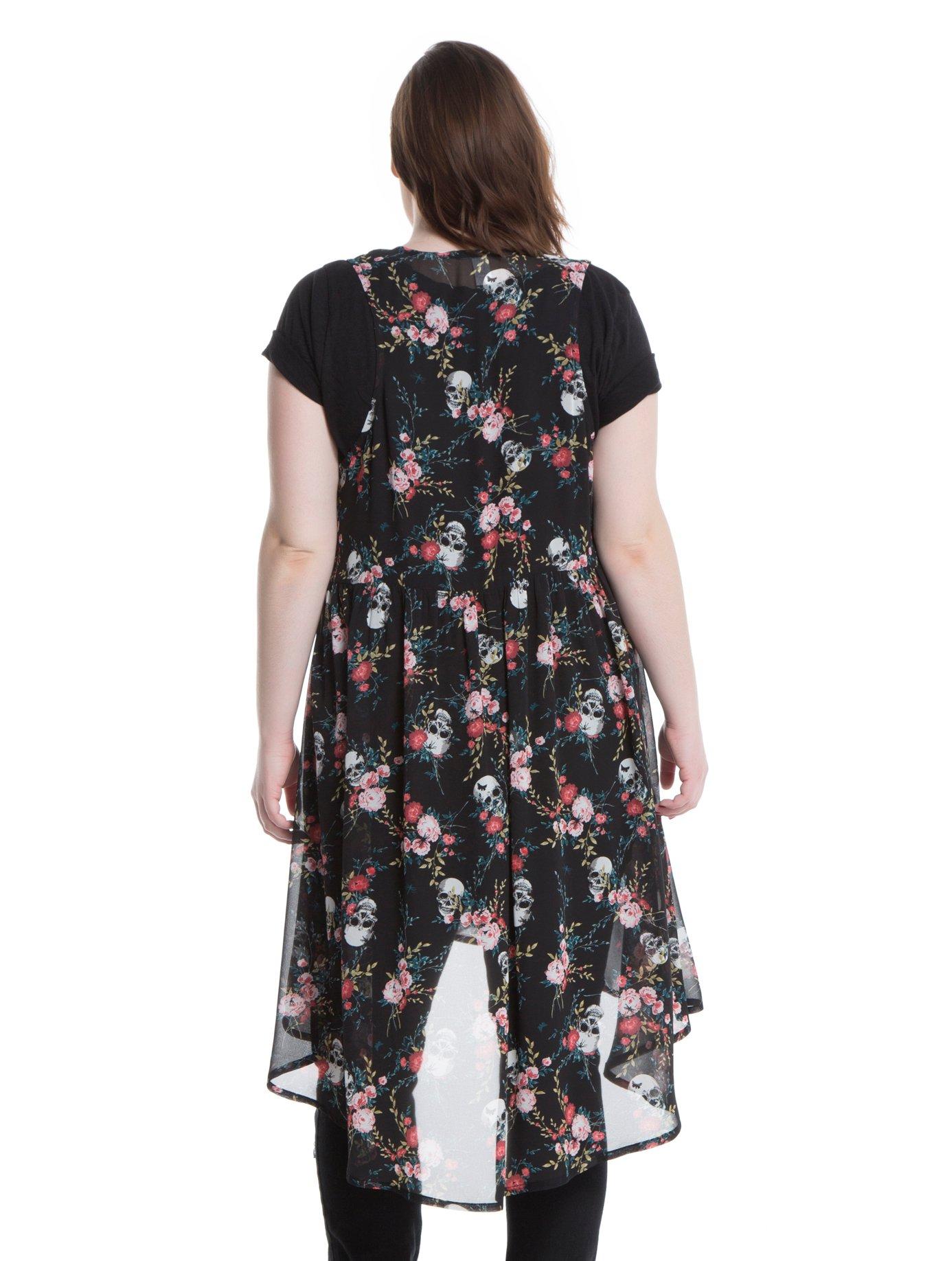 Black Floral Skull Chiffon Duster Plus Size, , alternate