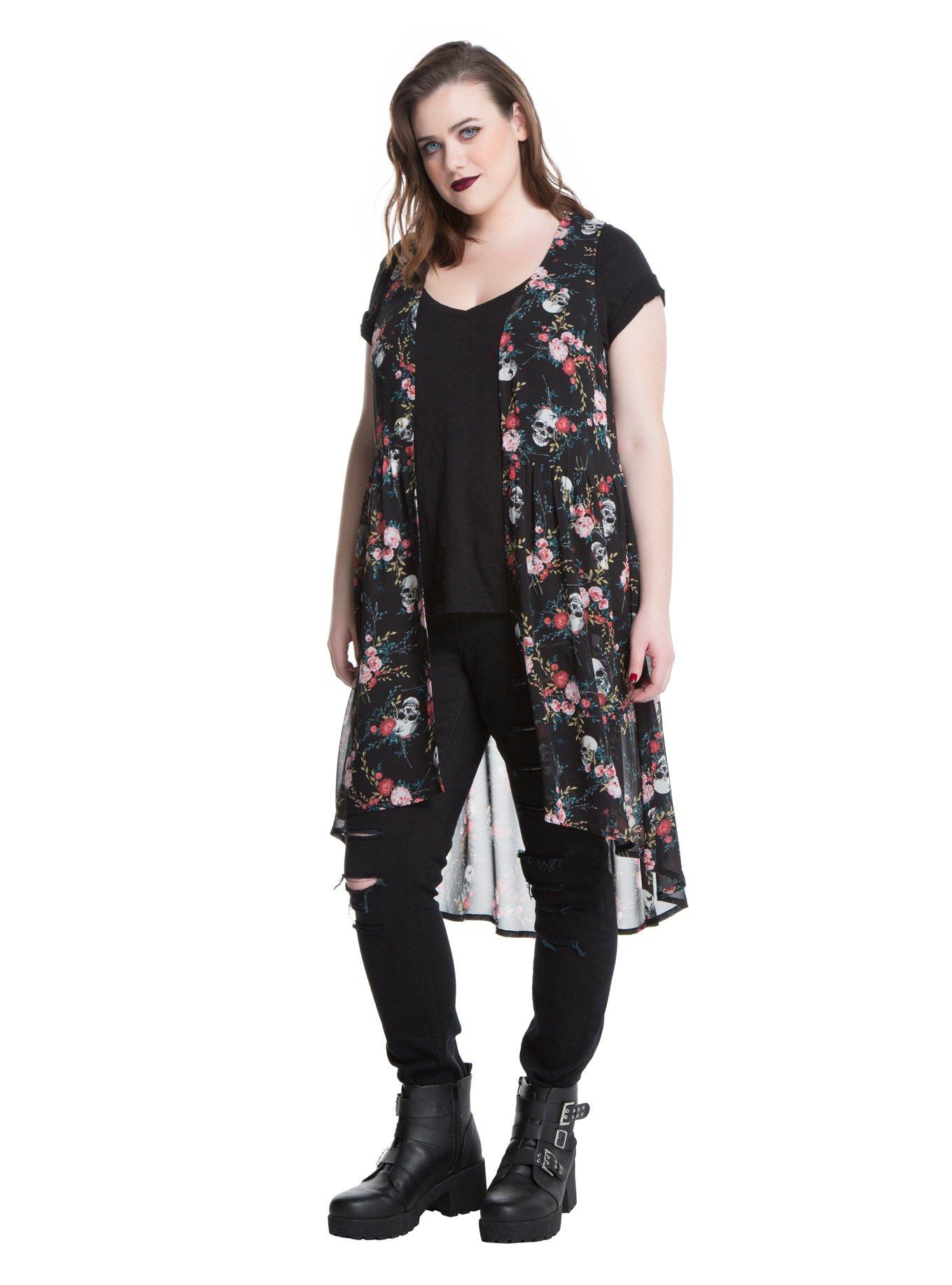 Black Floral Skull Chiffon Duster Plus Size, , alternate