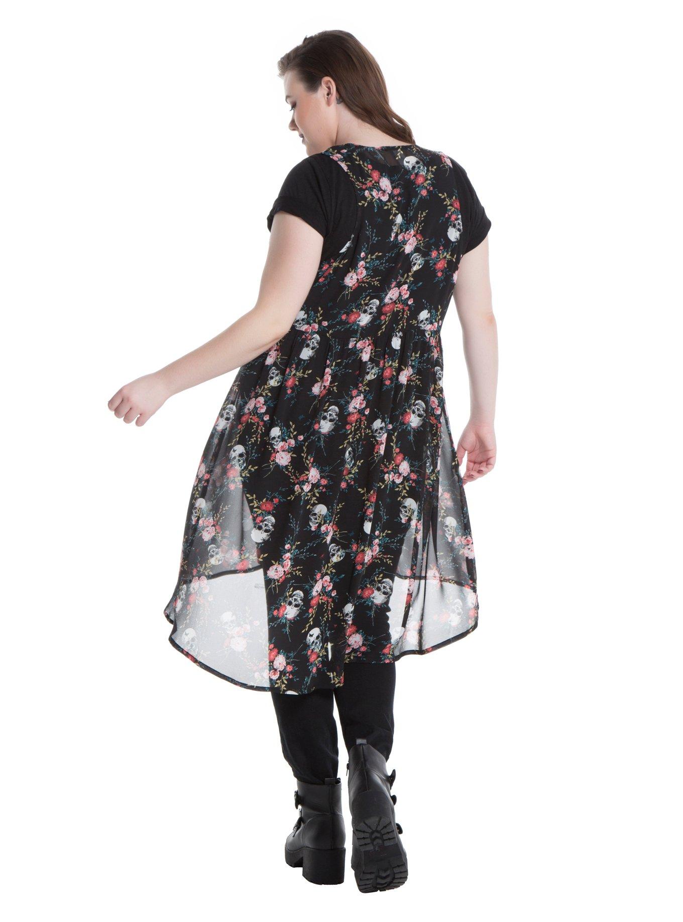 Black Floral Skull Chiffon Duster Plus Size, , alternate