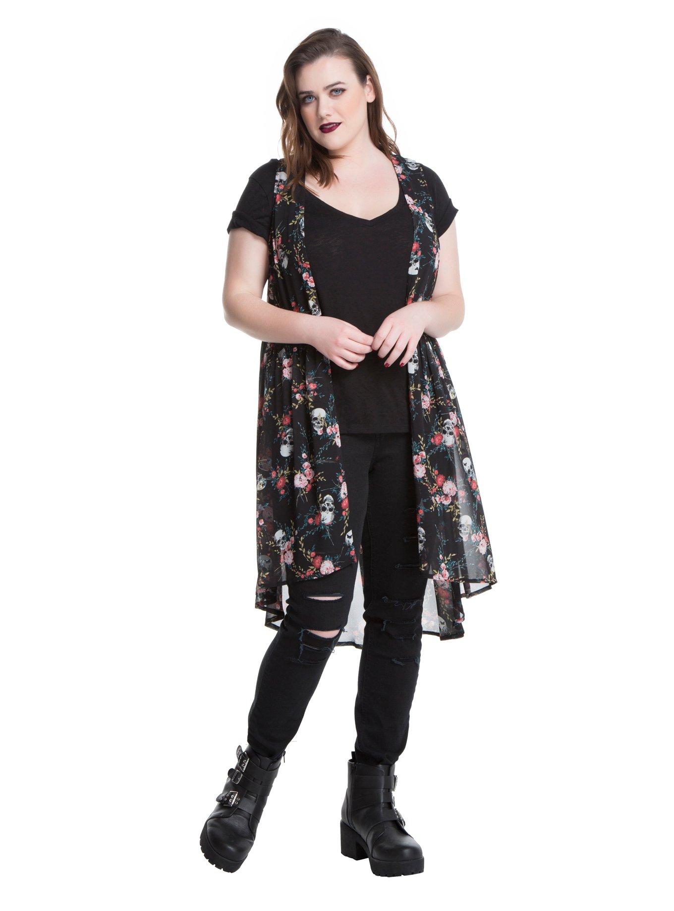 Black Floral Skull Chiffon Duster Plus Size, , alternate