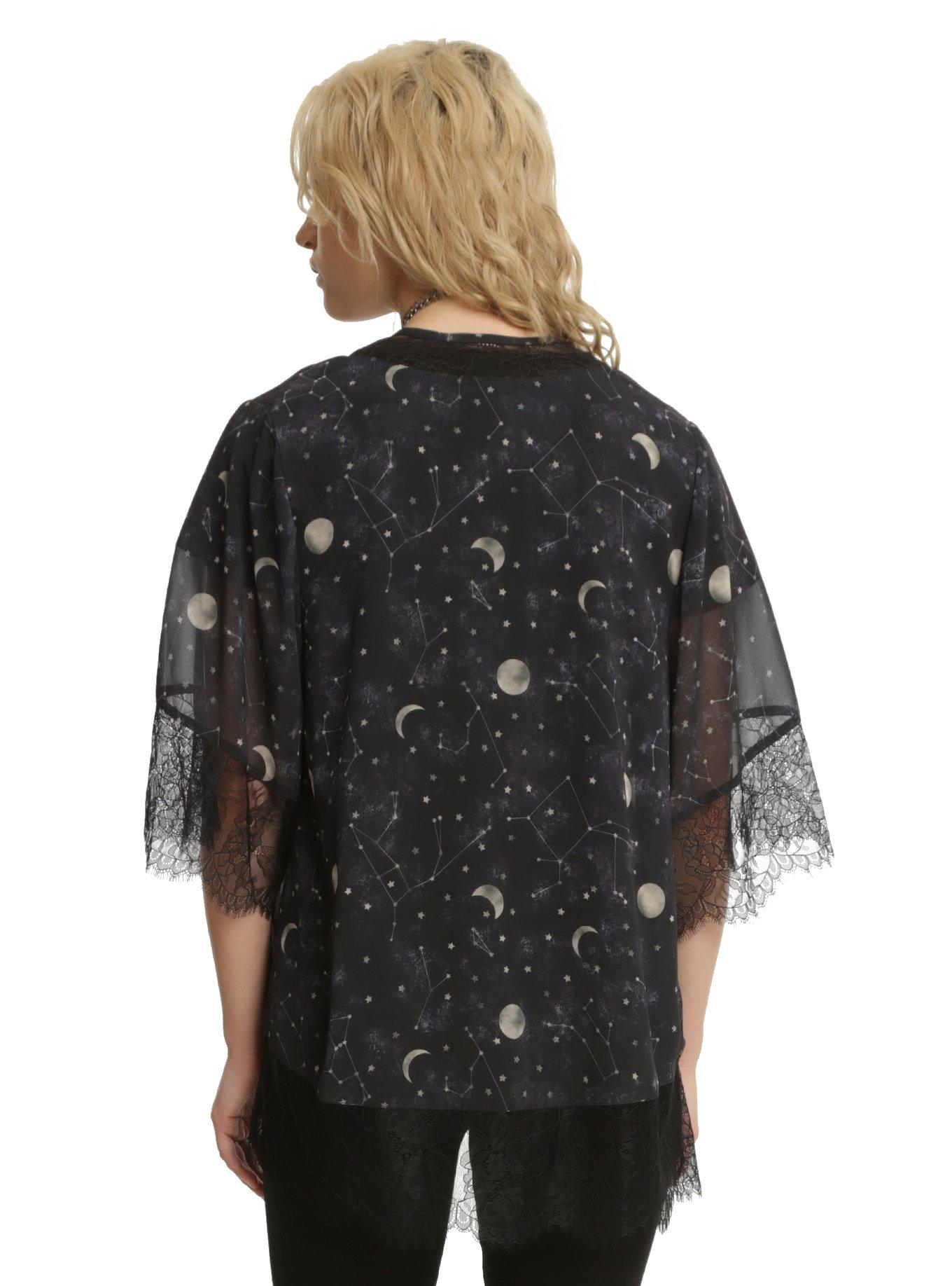 Black Lace Trim Constellation Print Kimono, , alternate