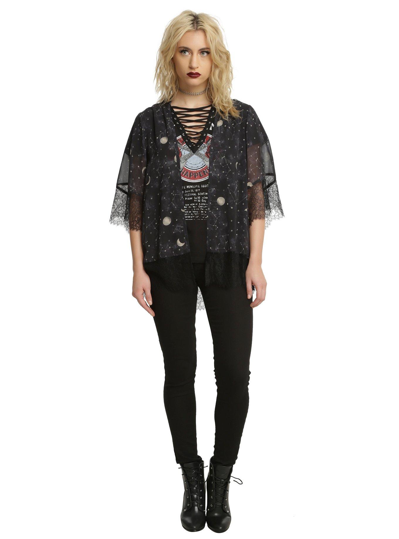 Black Lace Trim Constellation Print Kimono, , alternate