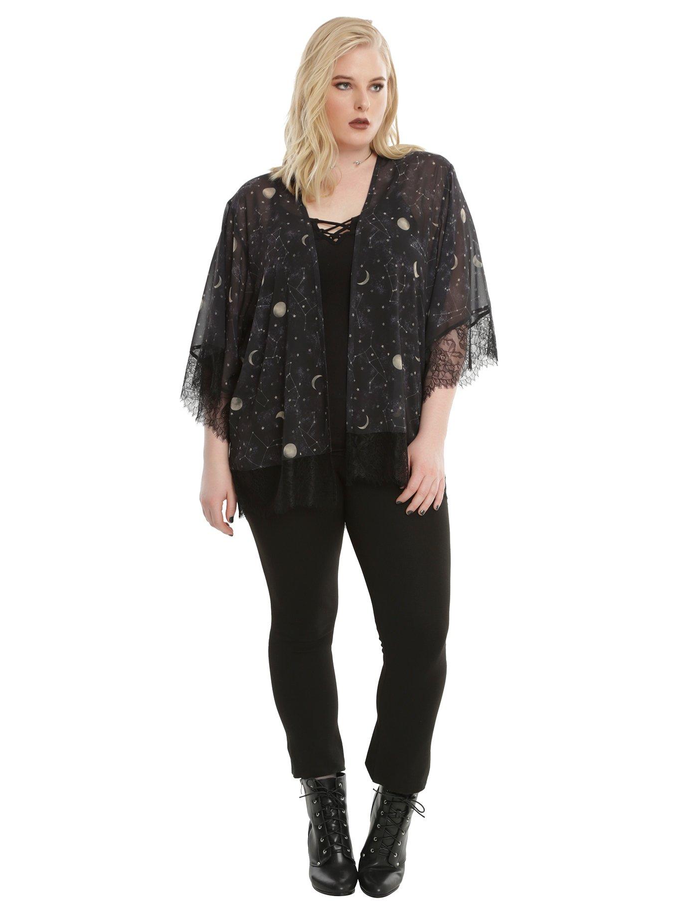 Black Lace Trim Constellation Kimono Plus Size, , alternate