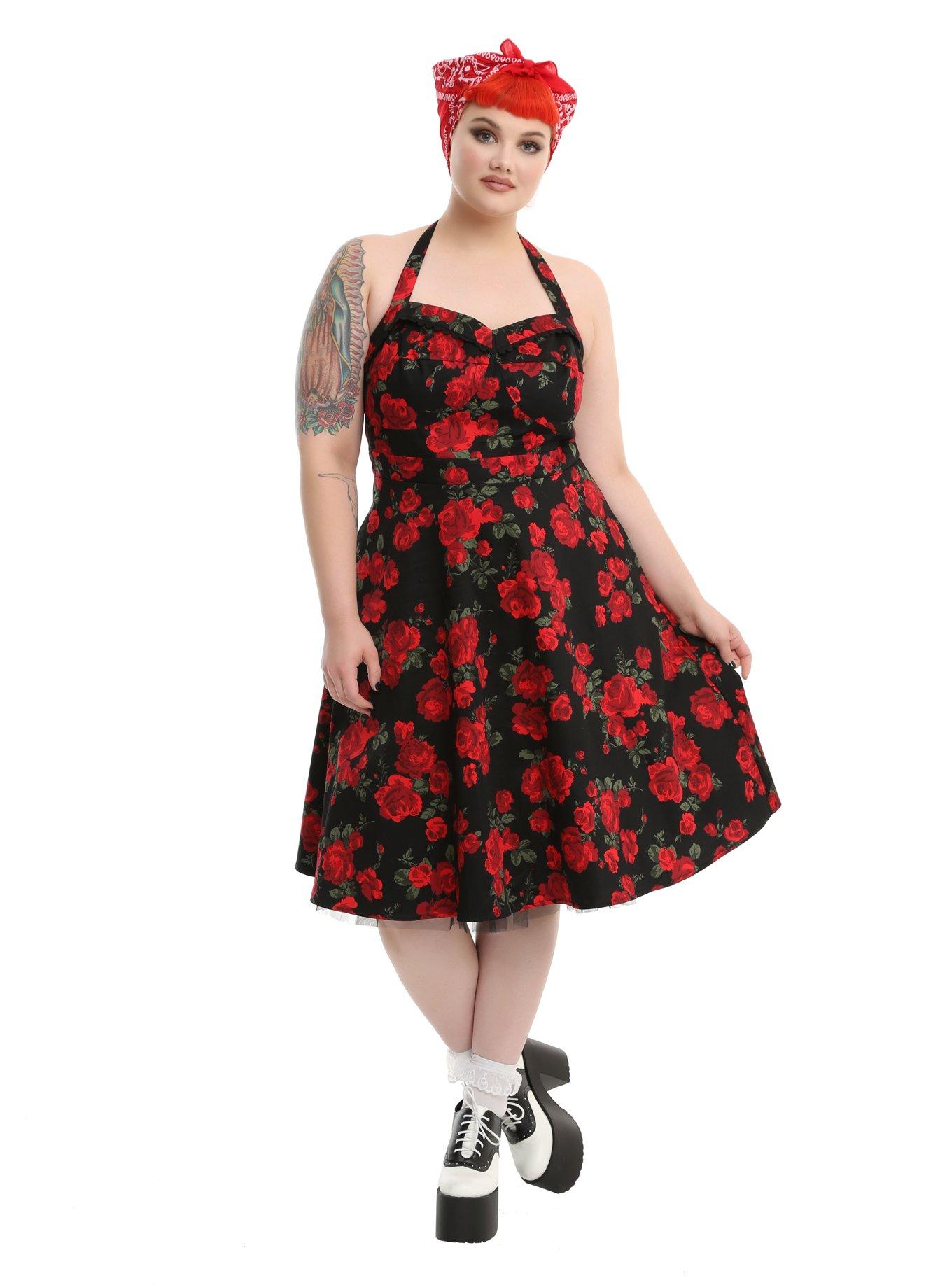 Black & Red Floral Halter Dress Plus Size, , alternate