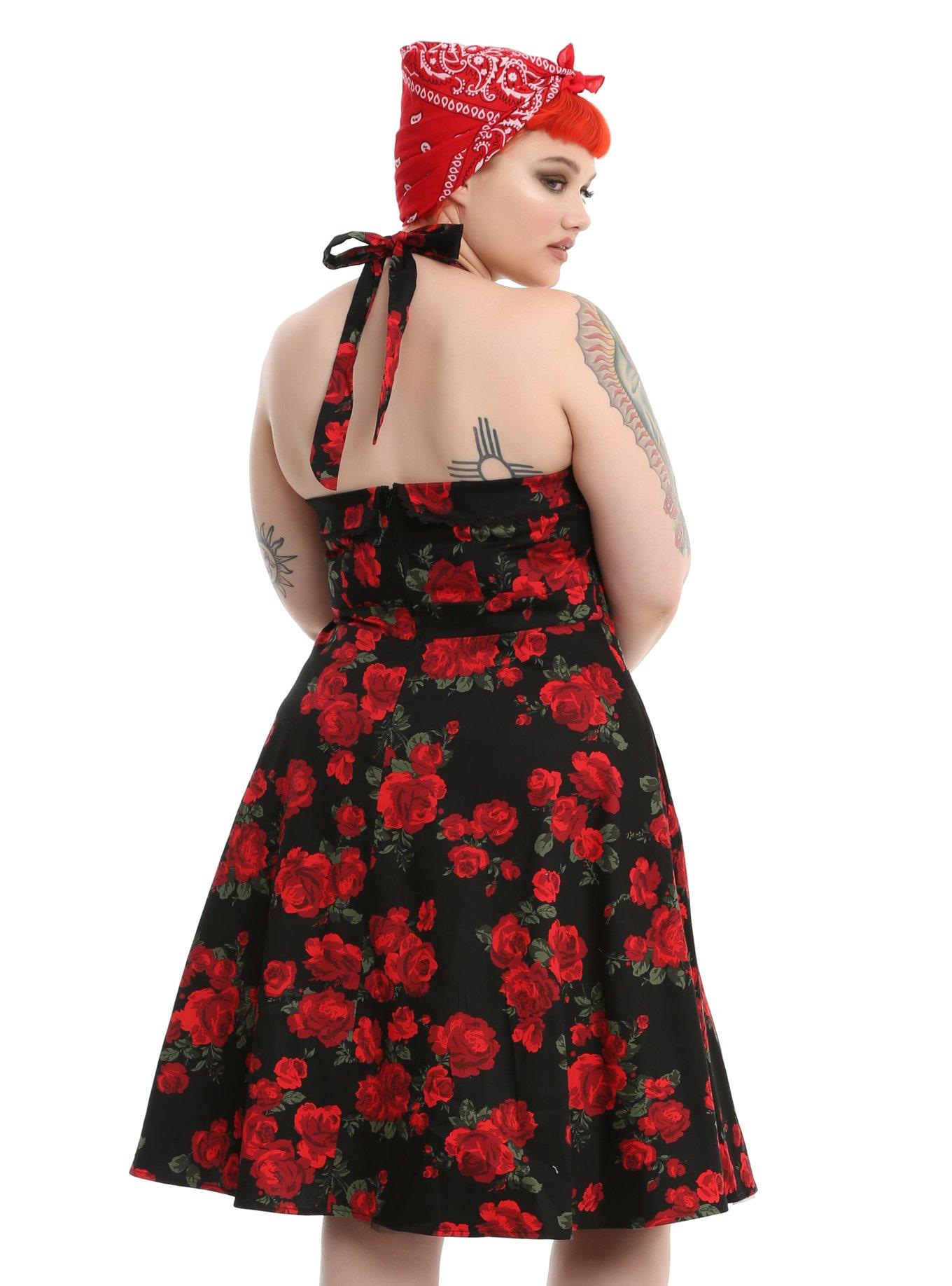 Black & Red Floral Halter Dress Plus Size, , alternate