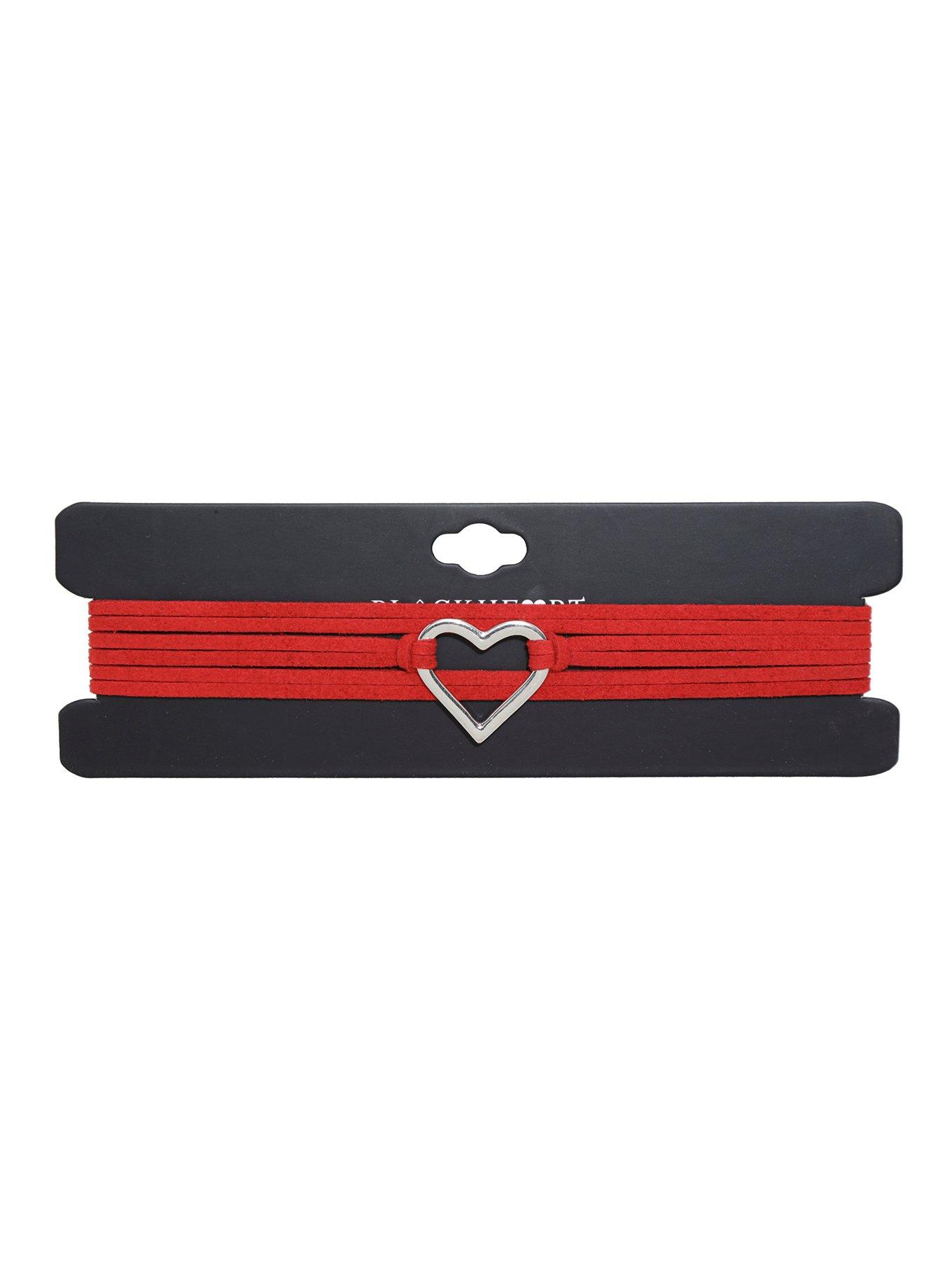 Blackheart Silver Heart Red Suede Cord Choker, , alternate