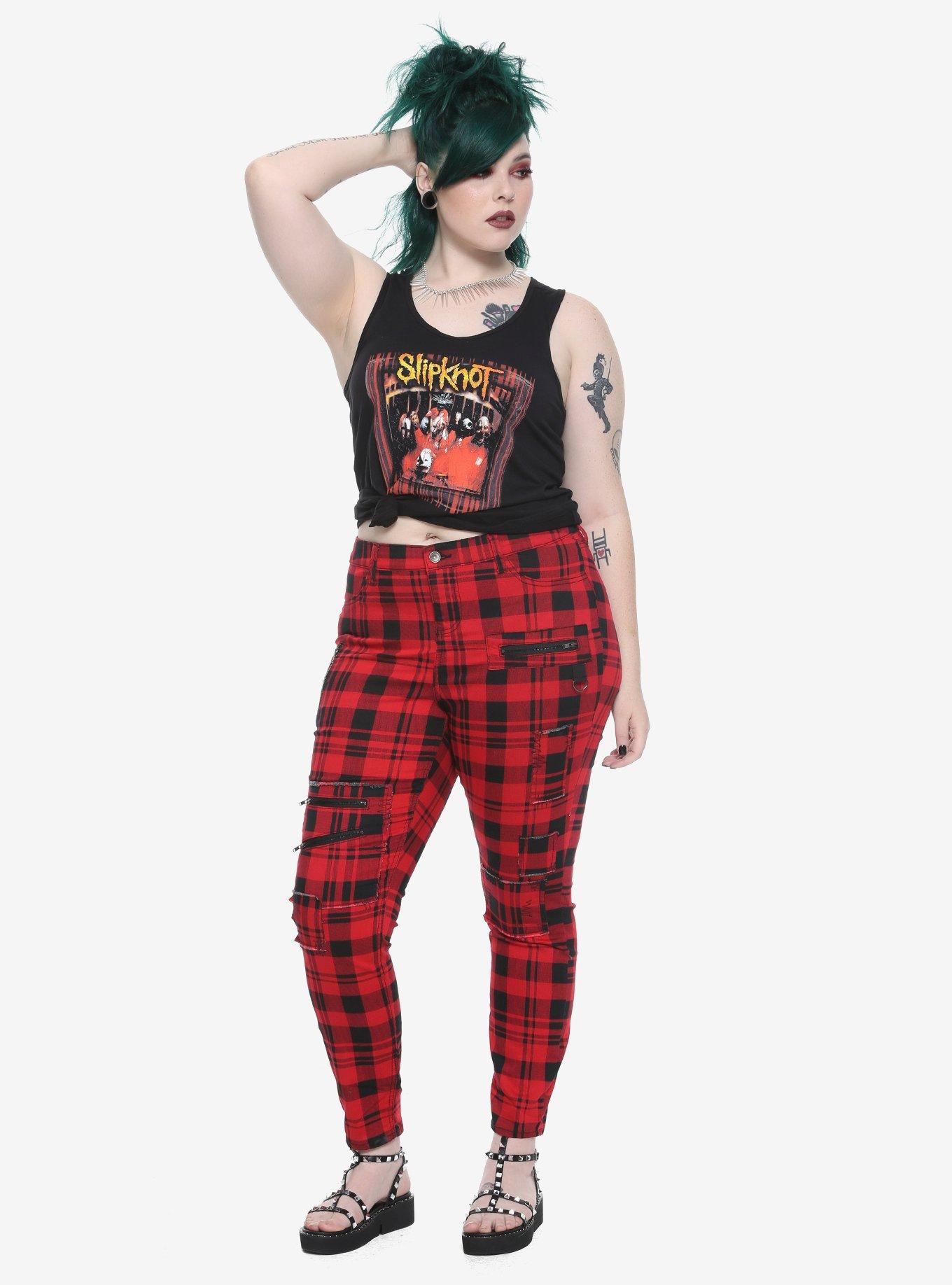 Blackheart Red & Black Plaid Super Skinny Pants Plus Size, , alternate