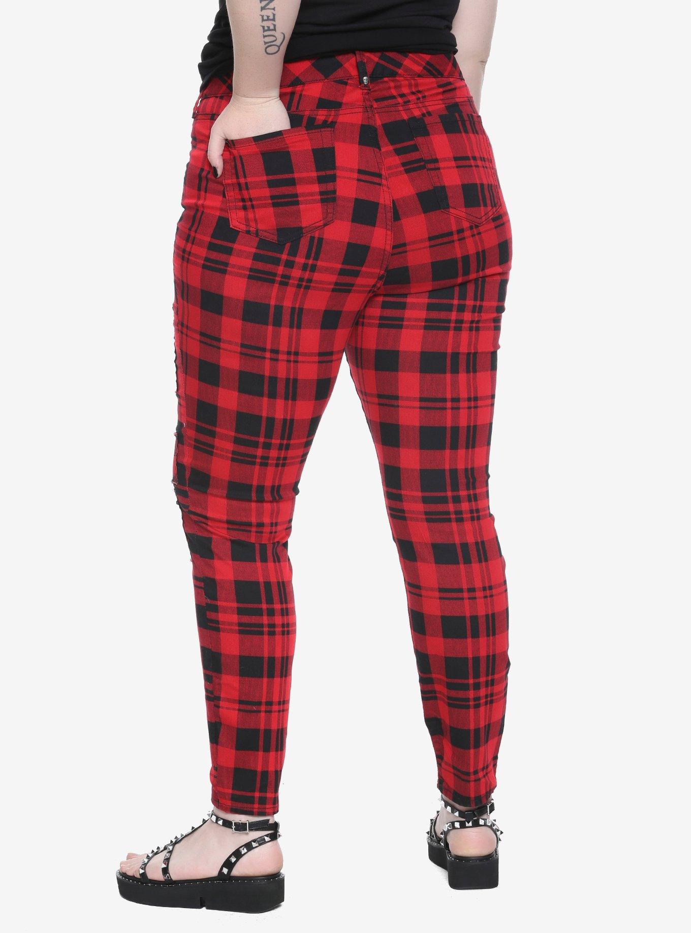 Blackheart Red & Black Plaid Super Skinny Pants Plus Size, , alternate