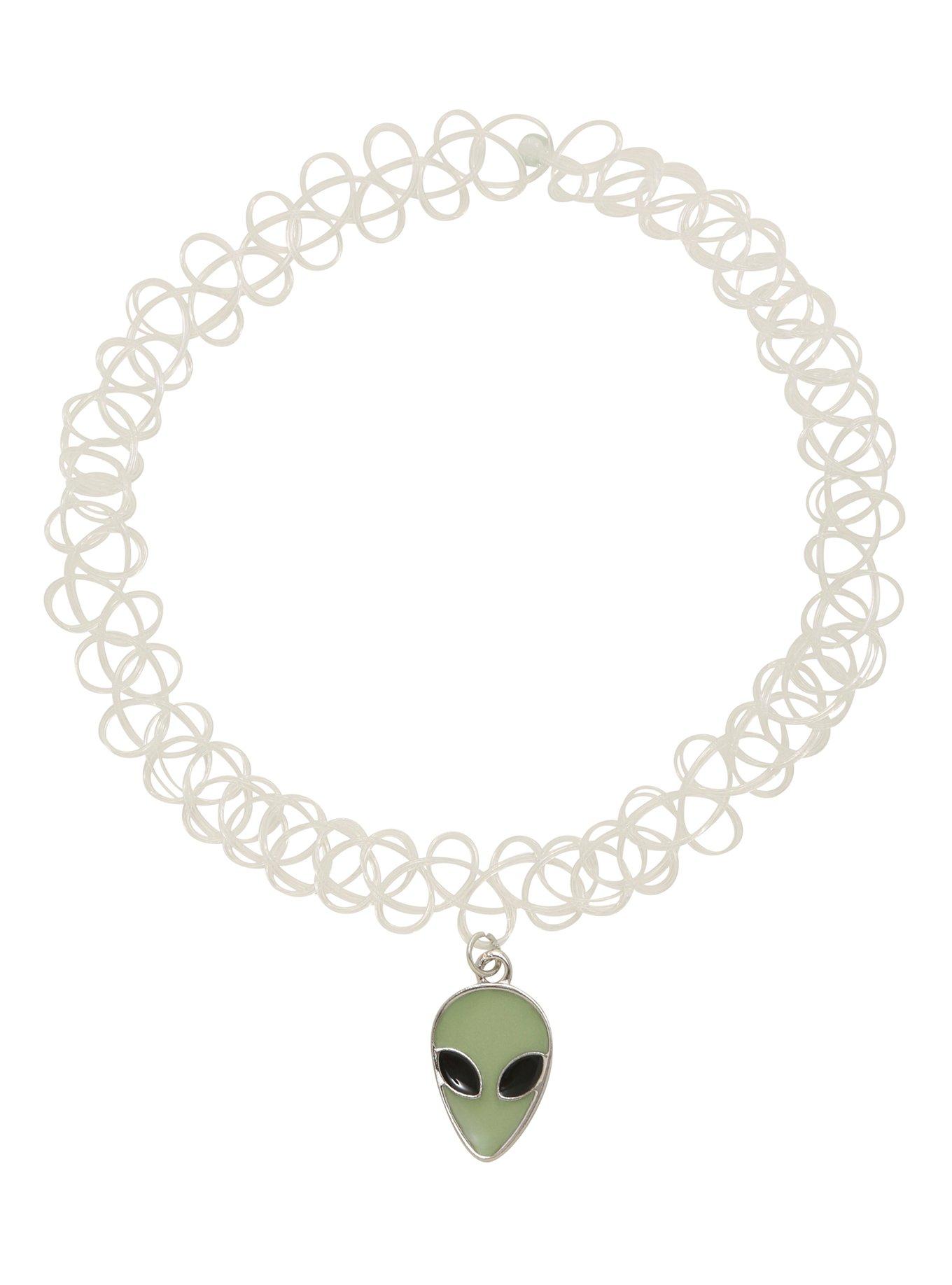 Glow-In-The-Dark Alien Charm Clear Tattoo Choker, , alternate