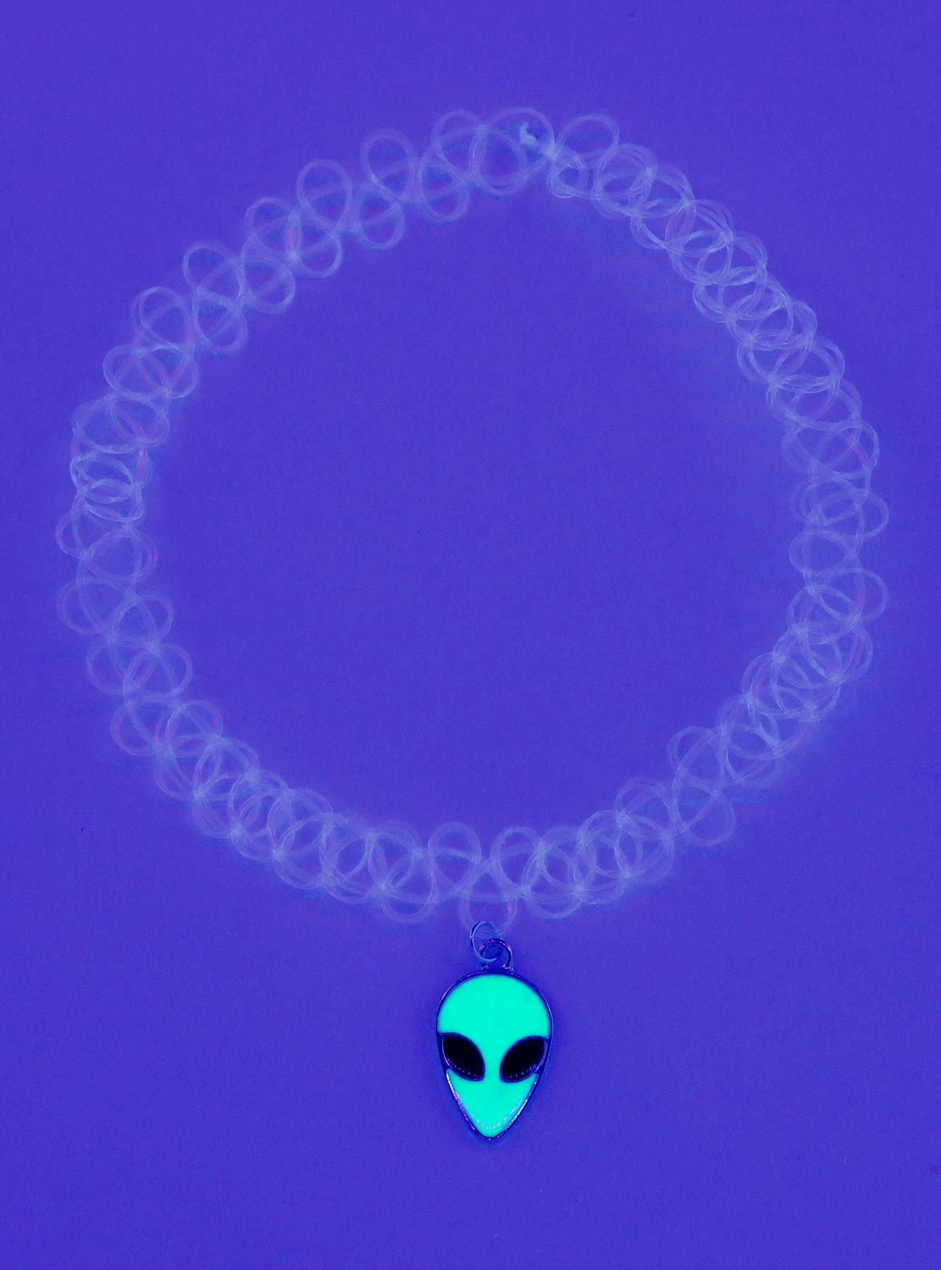 Glow-In-The-Dark Alien Charm Clear Tattoo Choker, , alternate
