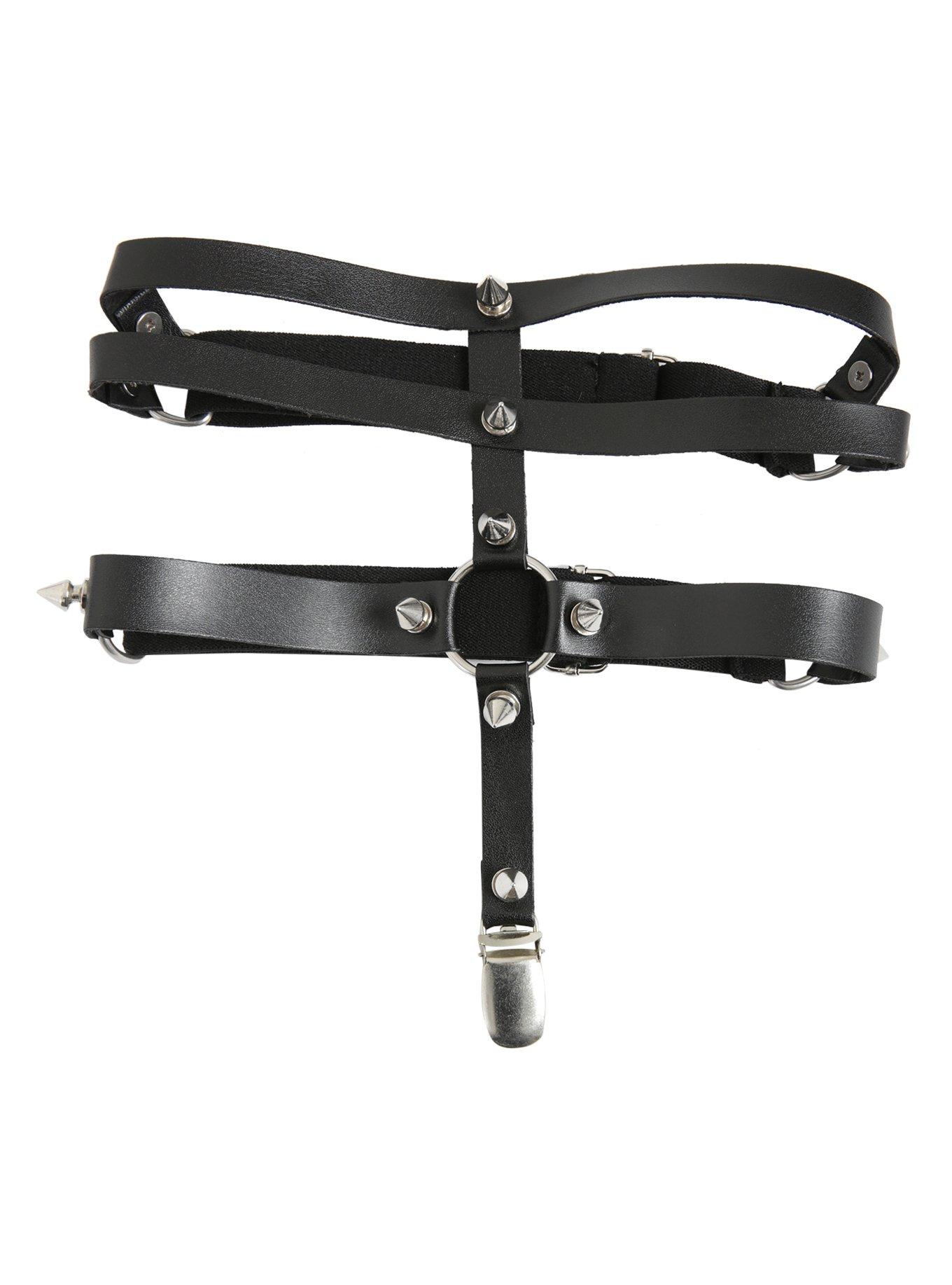Black Spike O-Ring Faux Leather Leg Belt, , alternate