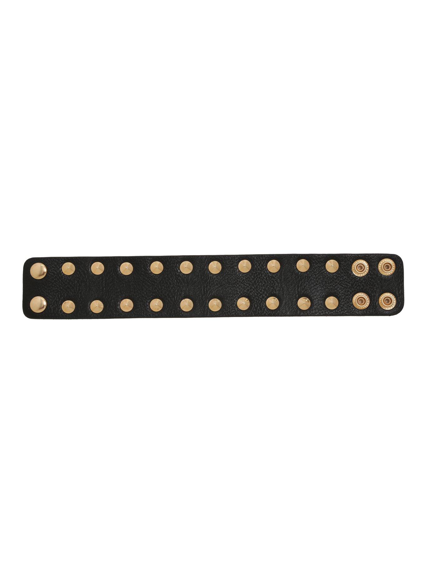 Black Faux Leather Gold Spike Cuff, , alternate