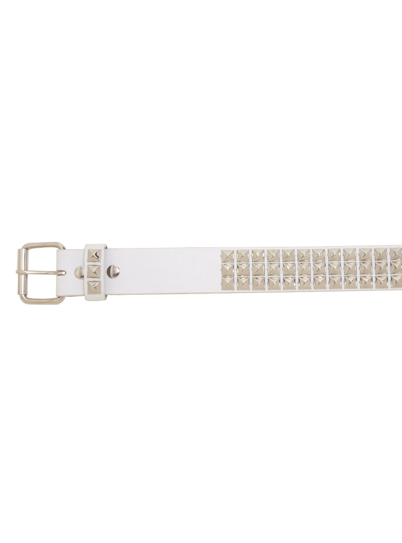 White Faux Leather 3 Row Pyramid Stud Belt, , alternate