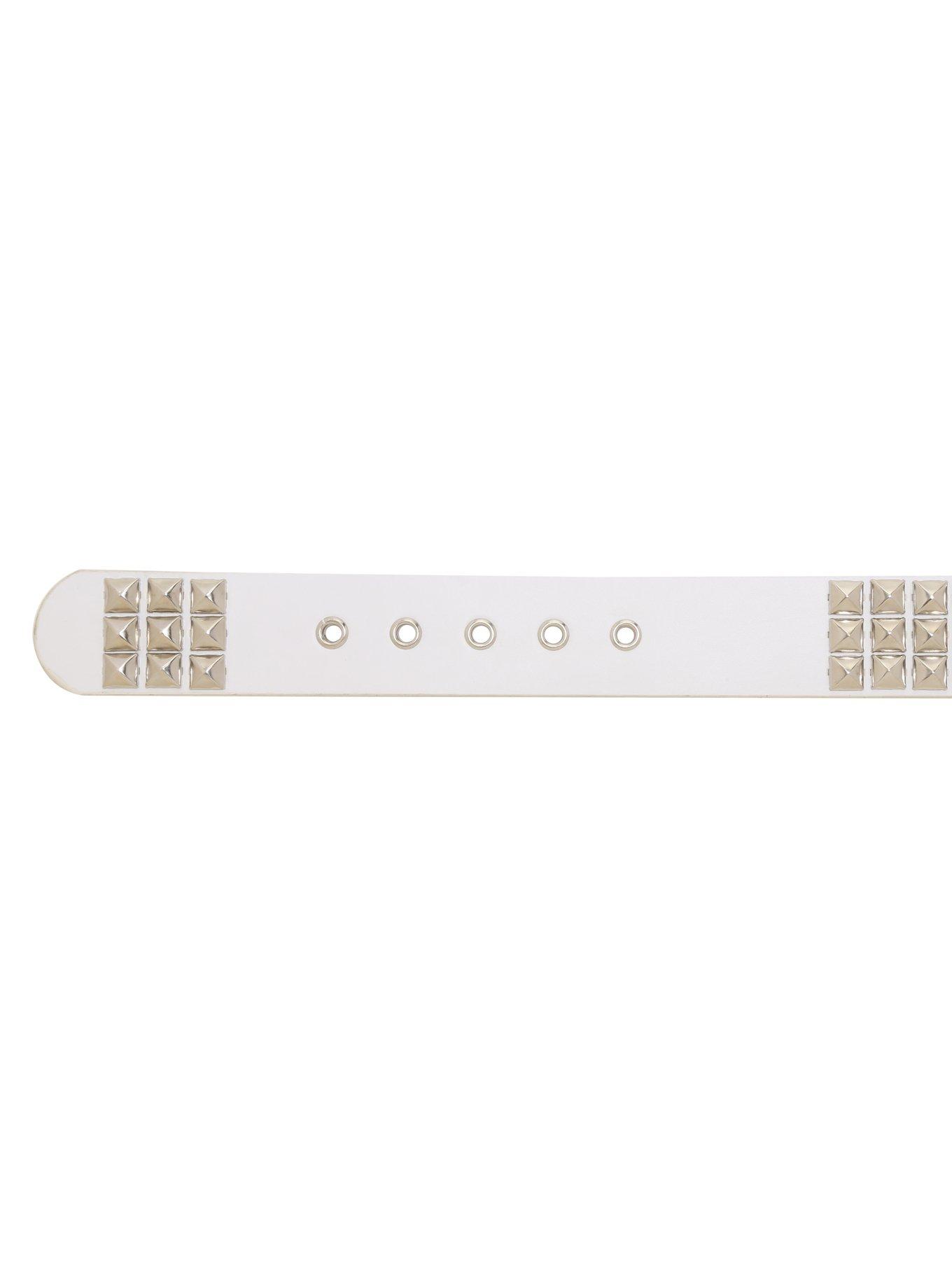 White Faux Leather 3 Row Pyramid Stud Belt, , alternate