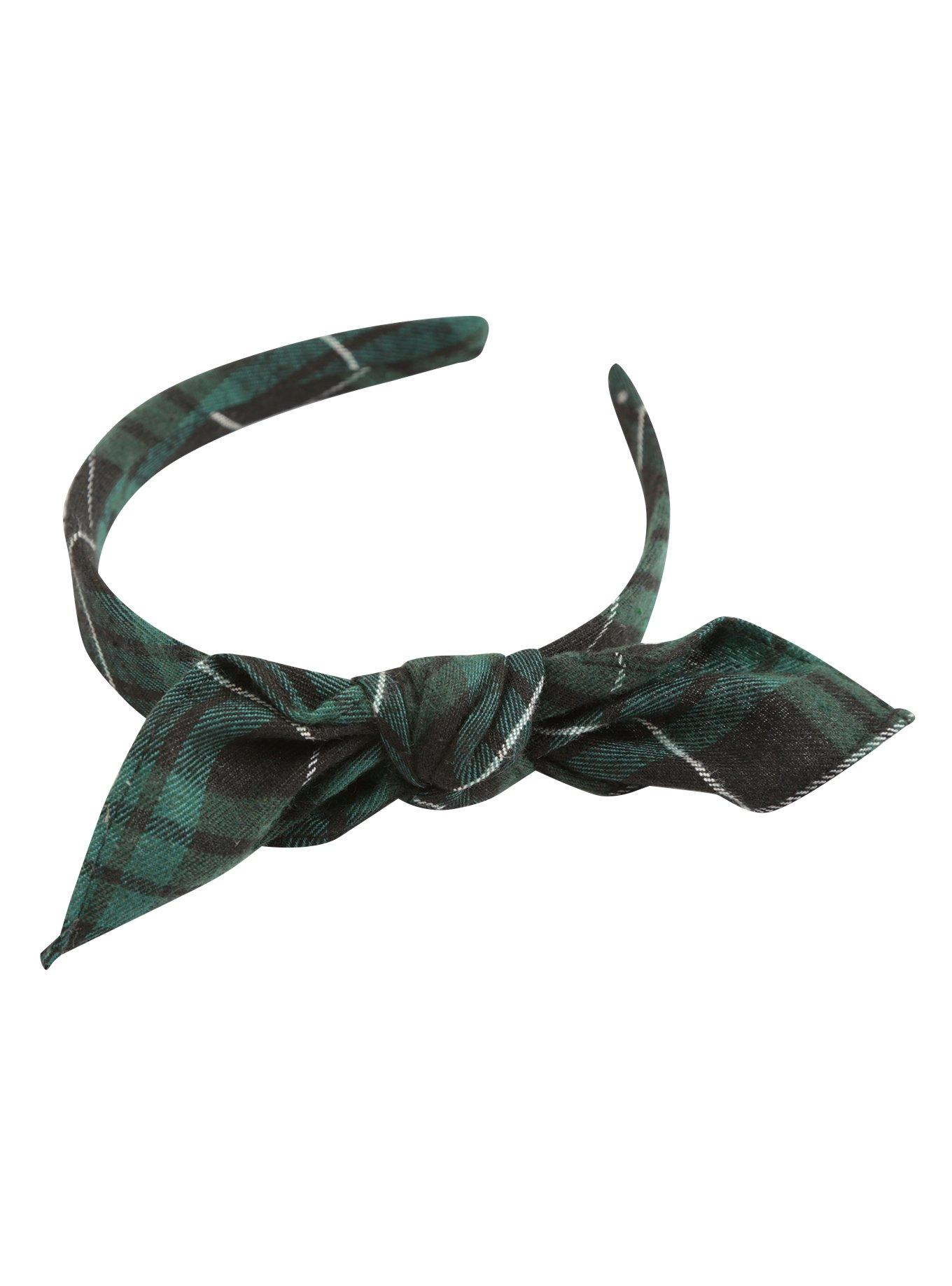 Blackheart Green Plaid Bow Headband, , alternate