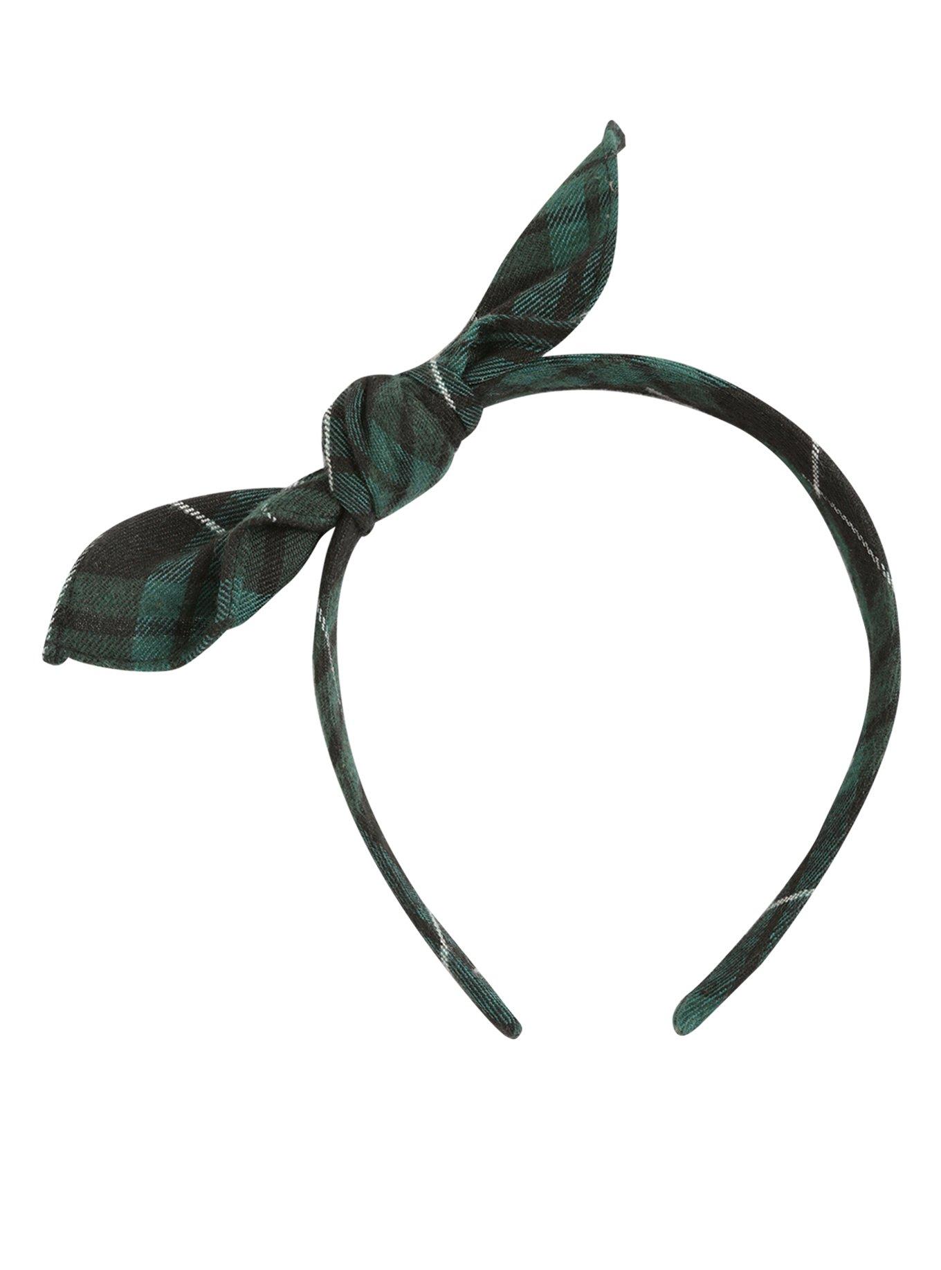 Blackheart Green Plaid Bow Headband, , alternate