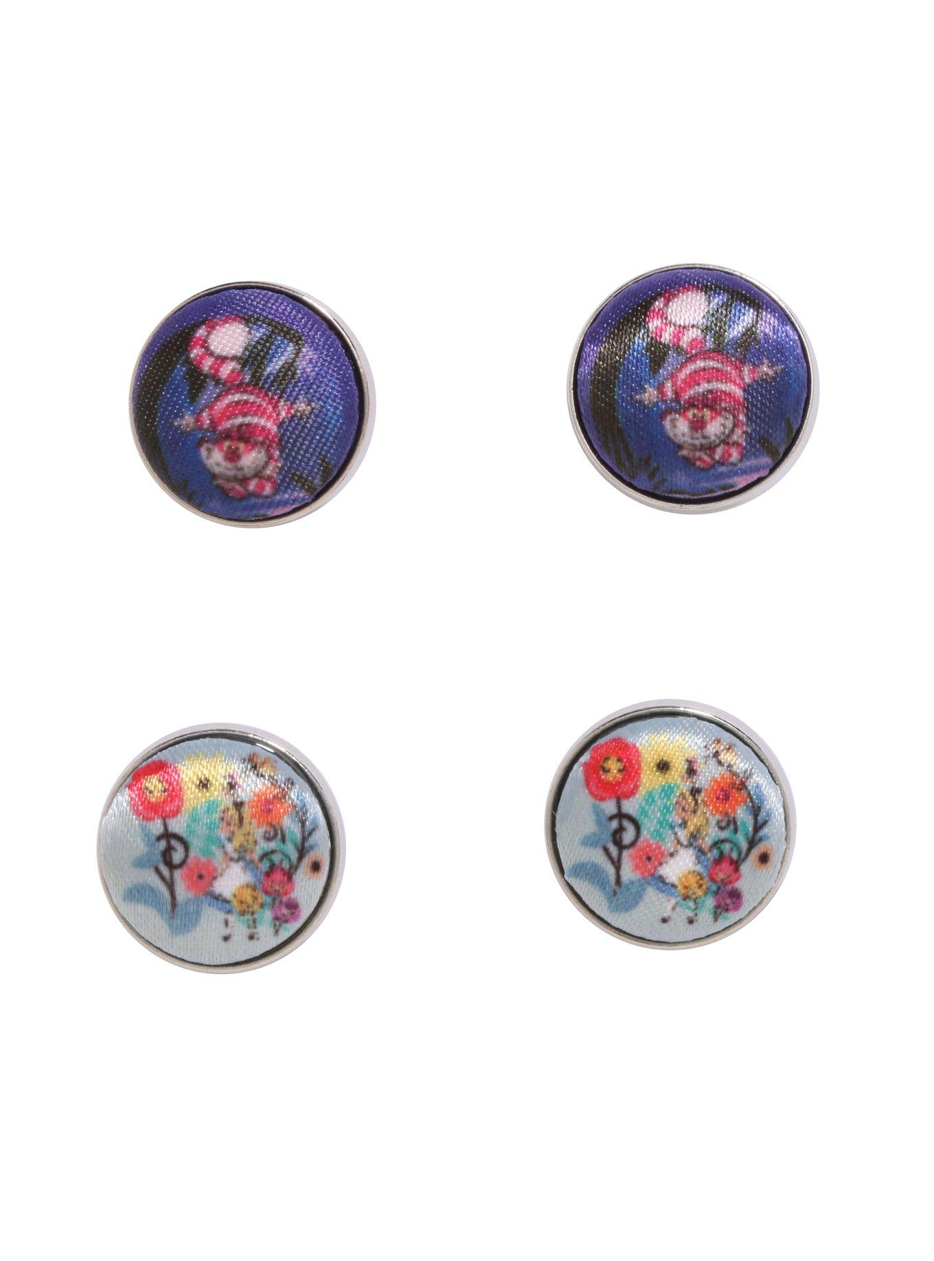 Disney Alice In Wonderland Cheshire Cat & Flowers Fabric Button Earrings Set, , alternate