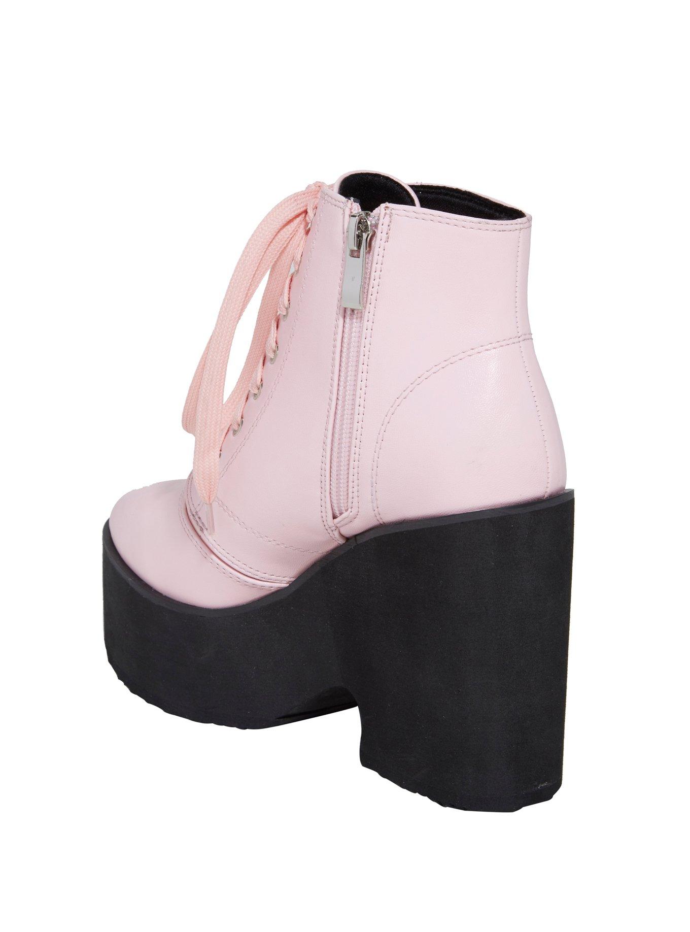 Pastel Pink Lace-Up Platform Booties, , alternate