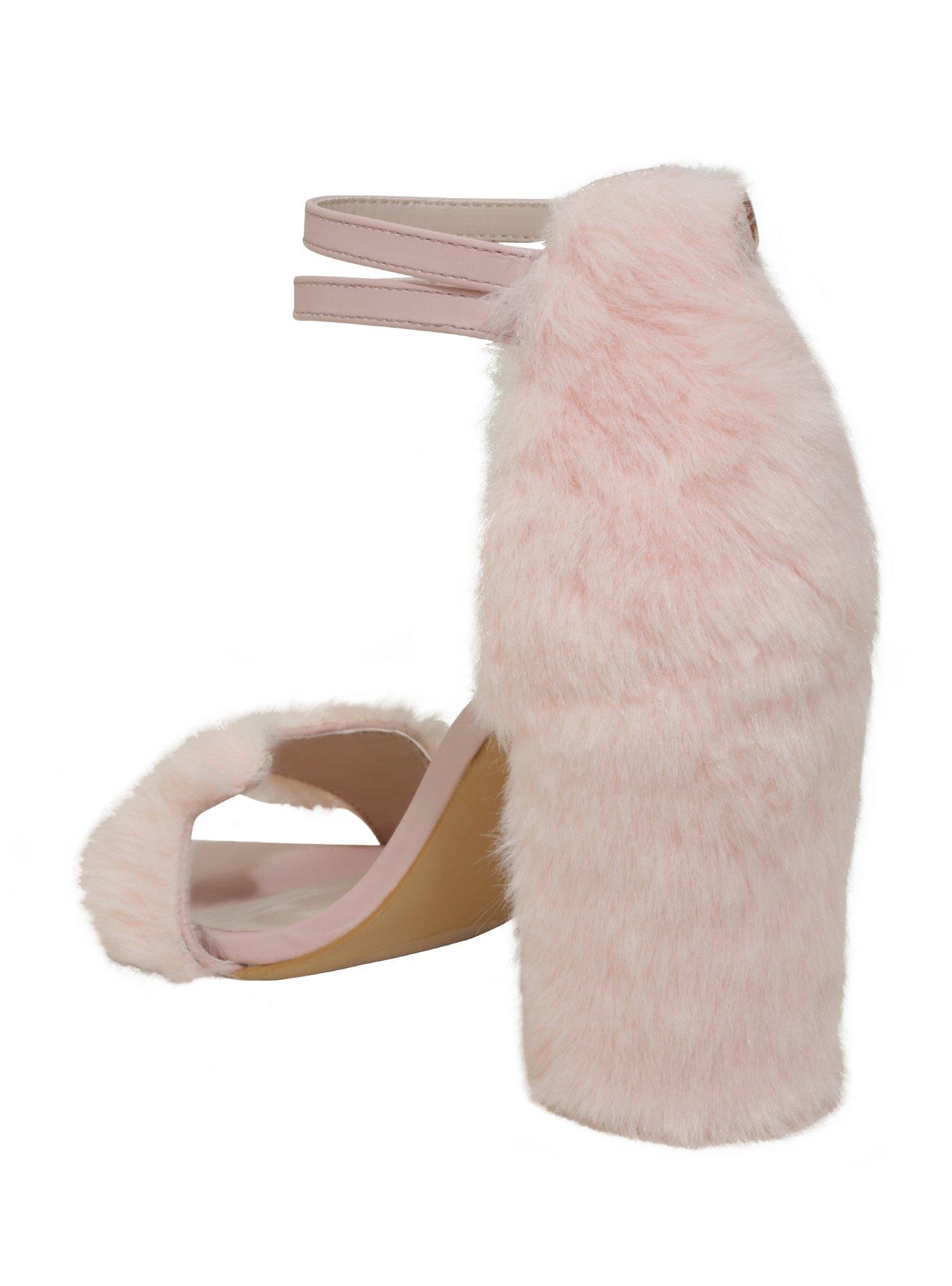 Pink Faux Fur Cat Cutout Ankle-Strap Heels, , alternate