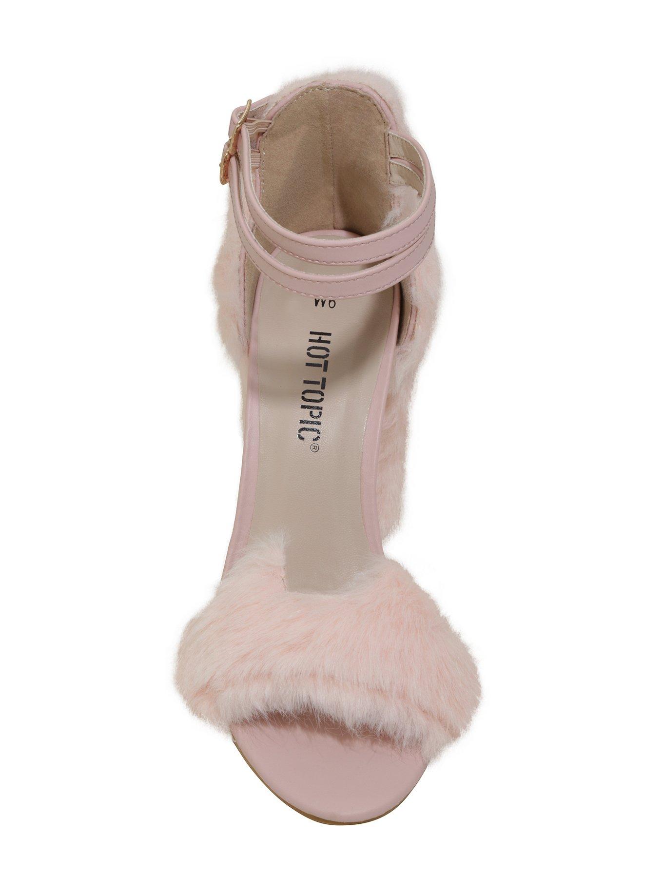 Pink Faux Fur Cat Cutout Ankle-Strap Heels, , alternate