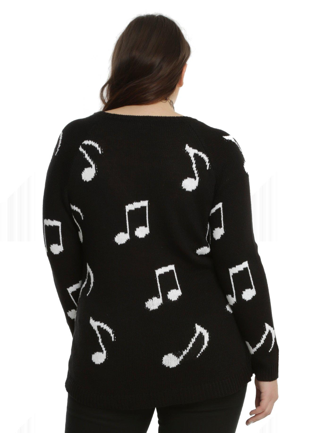 Black & White Music Note Lace-Up Girls Sweater Plus Size, , alternate