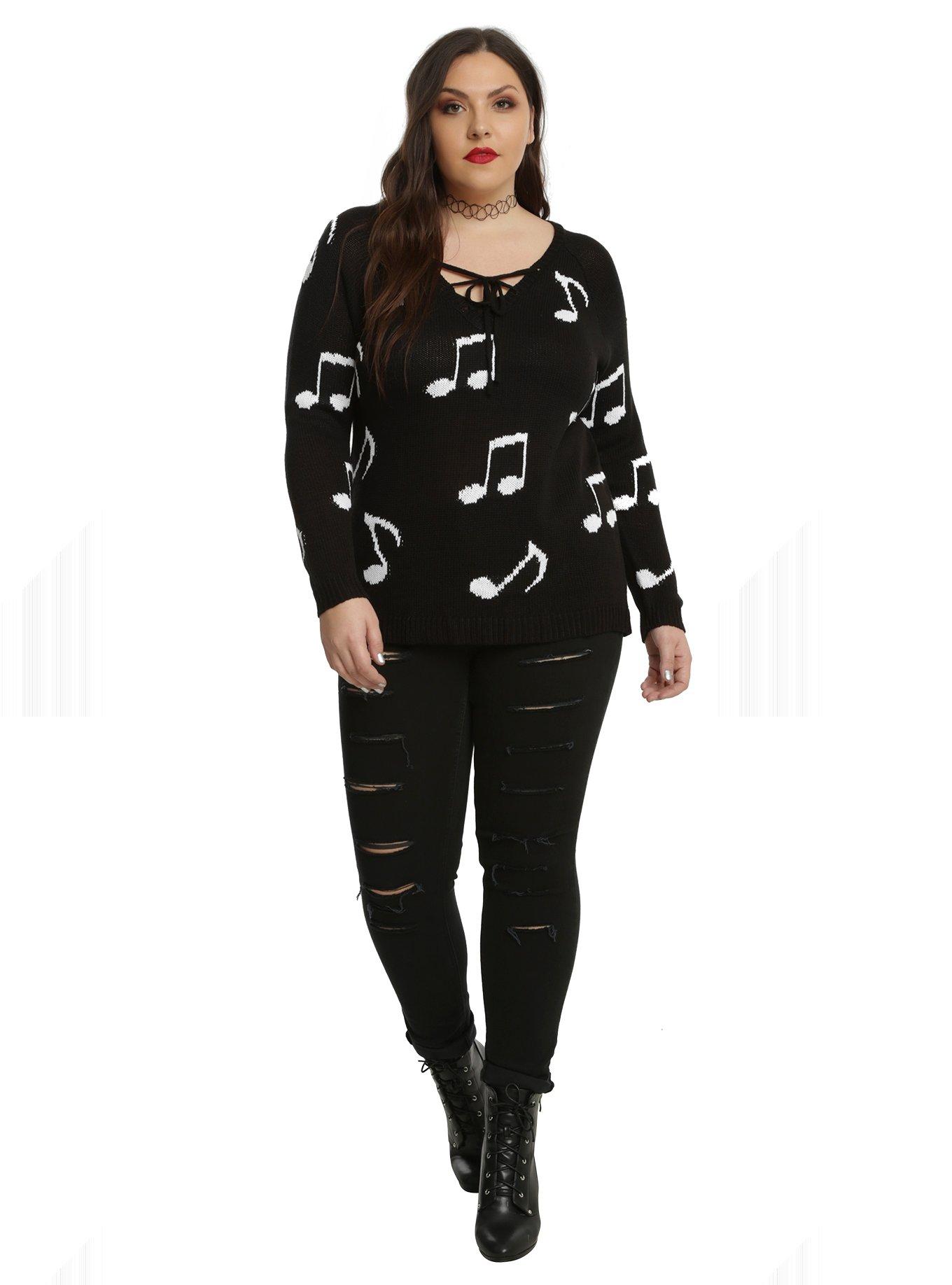 Black & White Music Note Lace-Up Girls Sweater Plus Size, , alternate