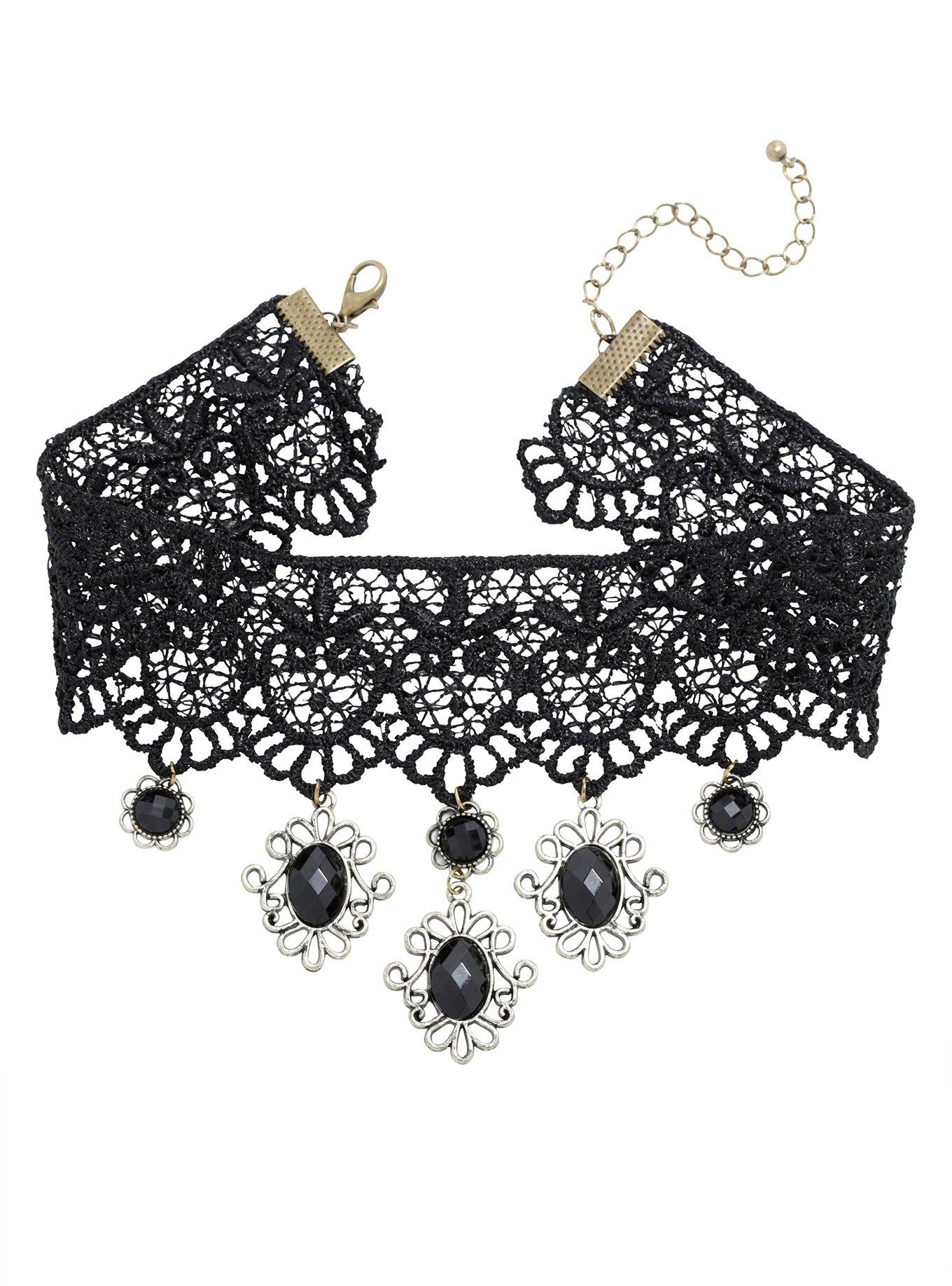 Blackheart Wide Black Lace Black Gem Choker, , alternate