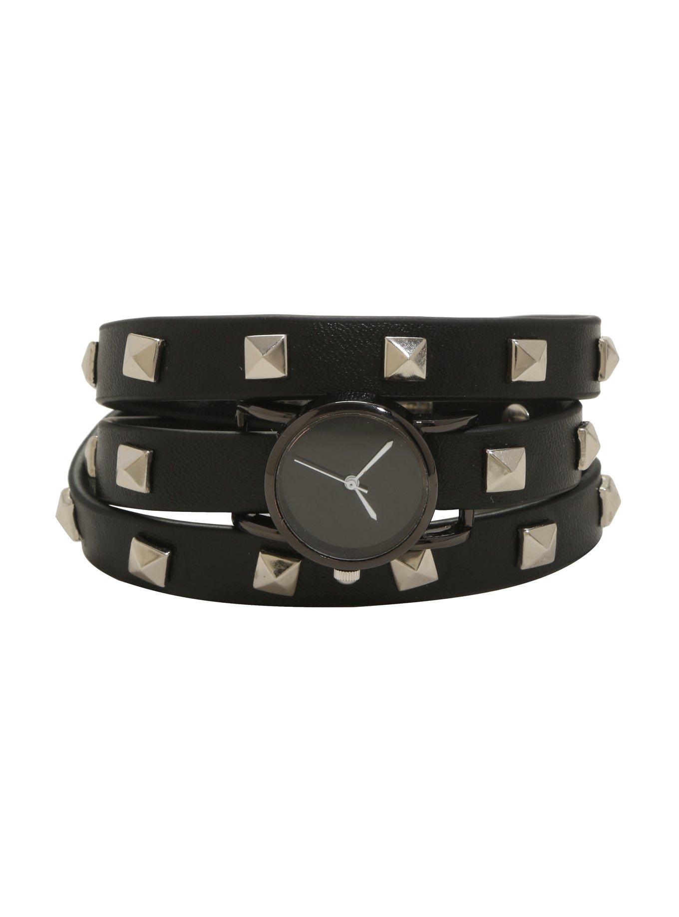 Blackheart Black Faux Leather Studded Wrap Watch, , alternate