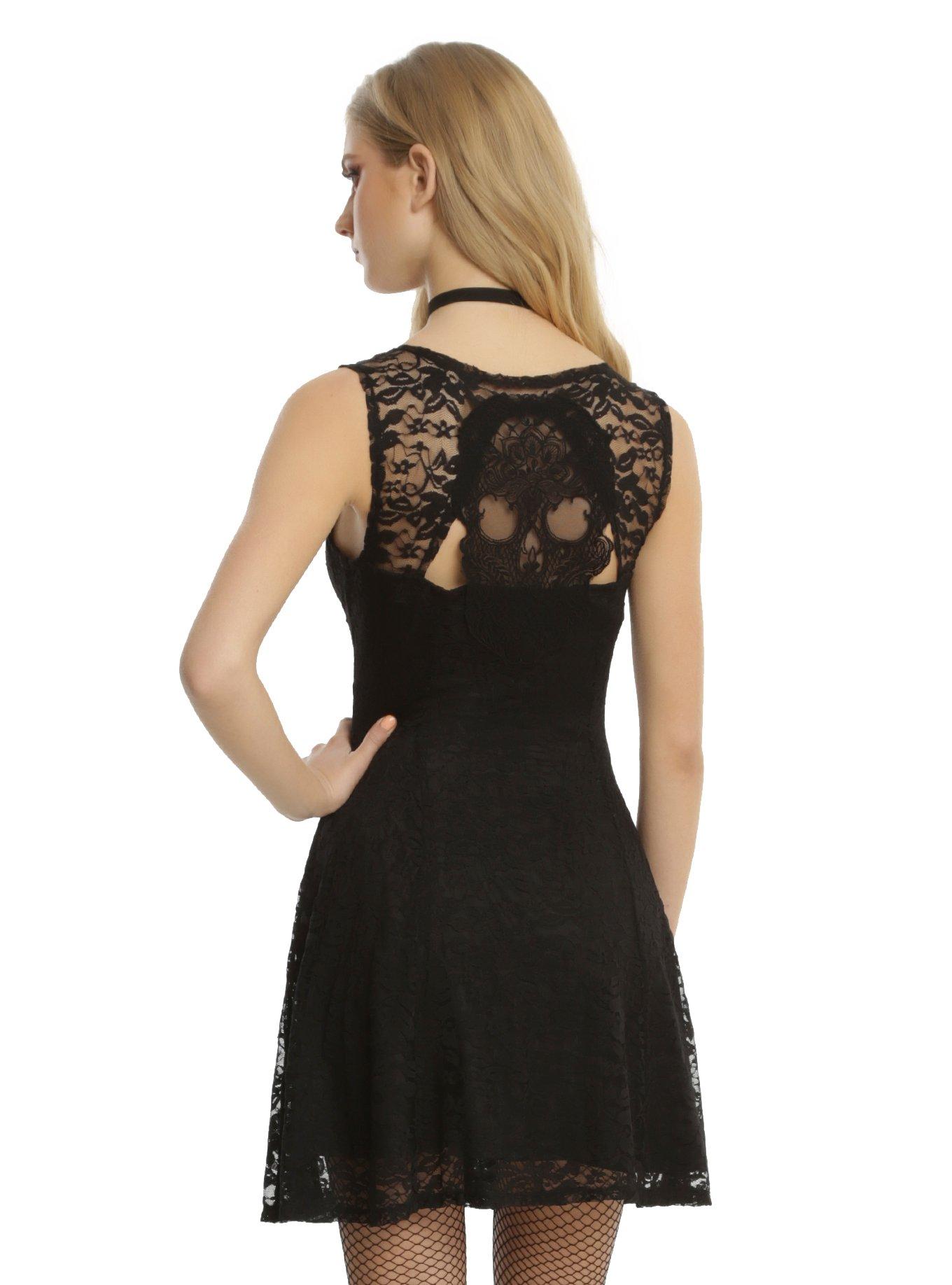 Black Lace Skull Back Fit & Flare Dress, , alternate