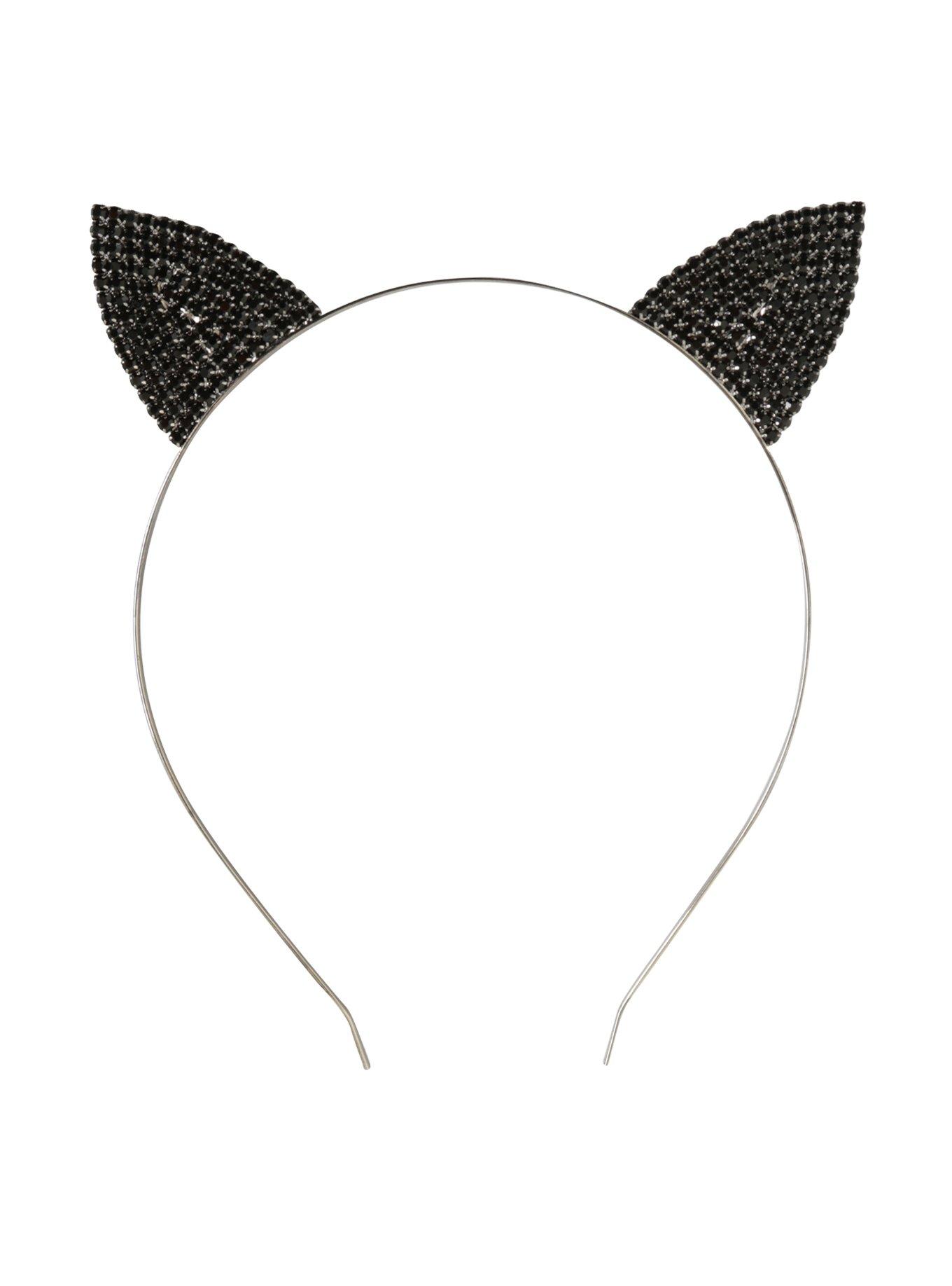 Black Rhinestone Cat Ear Headband, , alternate