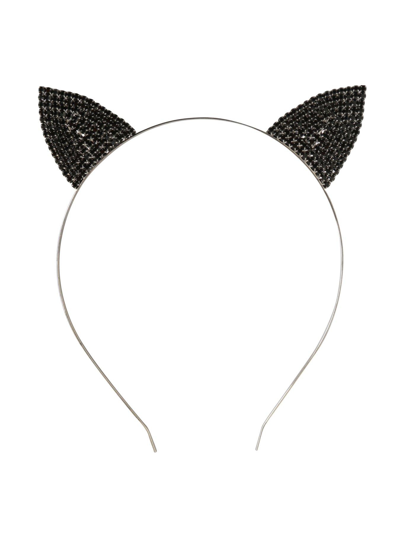 Black Rhinestone Cat Ear Headband, , alternate