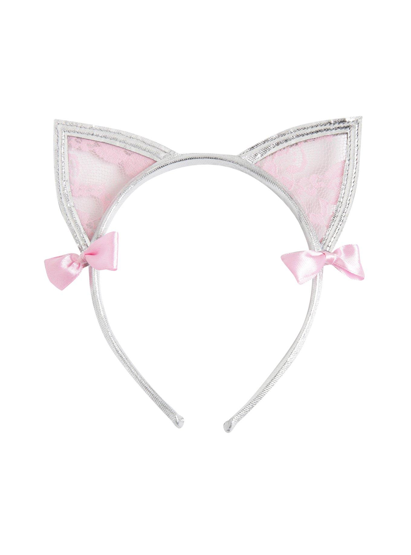 Silver & Pink Lace Cat Ear Headband, , alternate