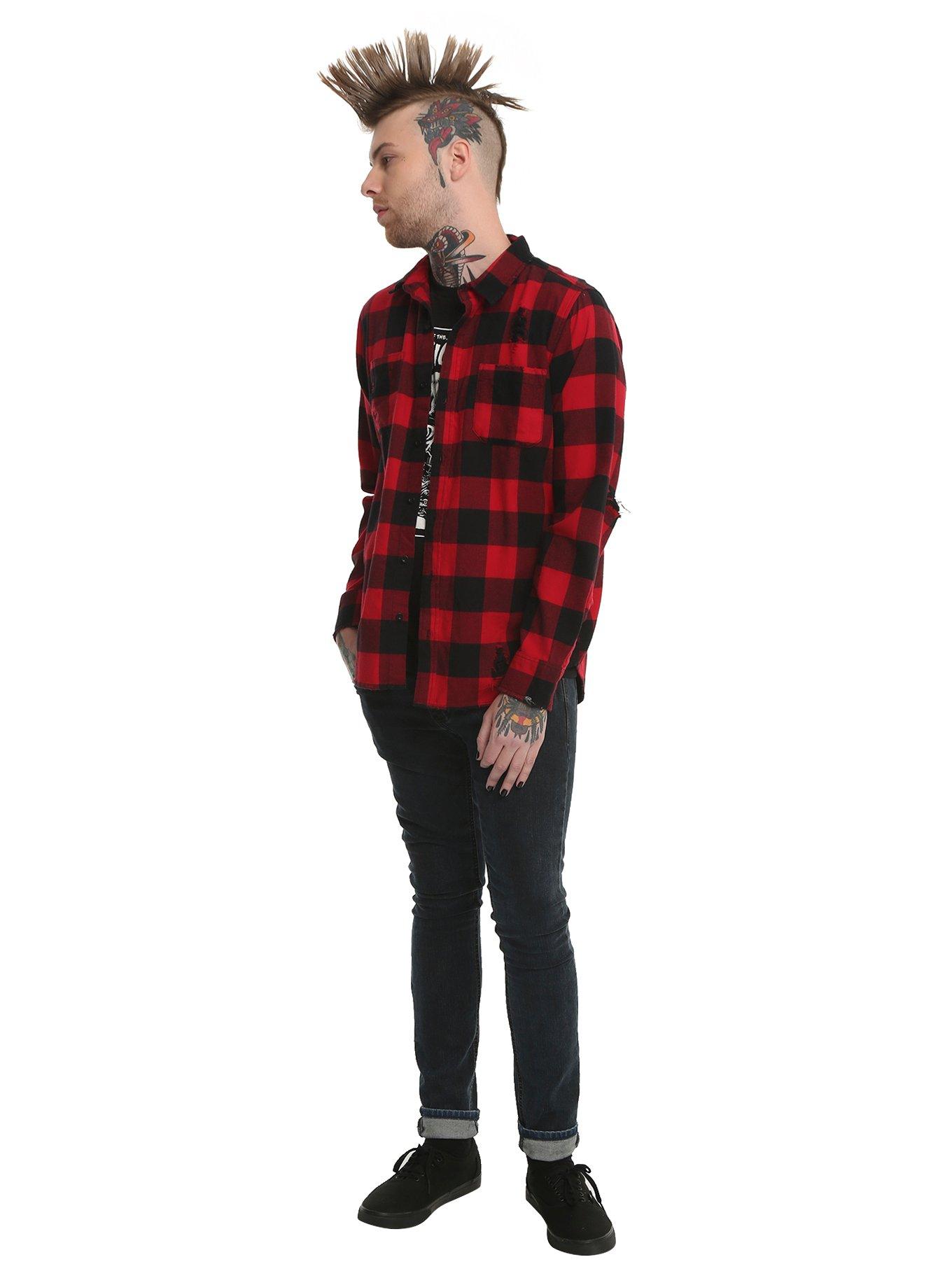 XXX RUDE Red & Black Destructed Buffalo Plaid Woven Button-Up, , alternate