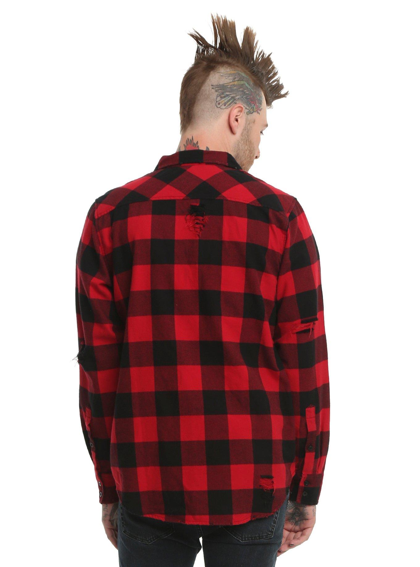 XXX RUDE Red & Black Destructed Buffalo Plaid Woven Button-Up, , alternate