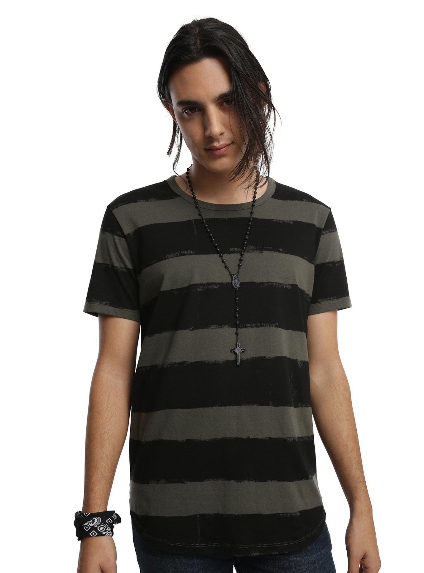 XXX RUDE Black & Grey Brushed Stripe T-Shirt, , alternate