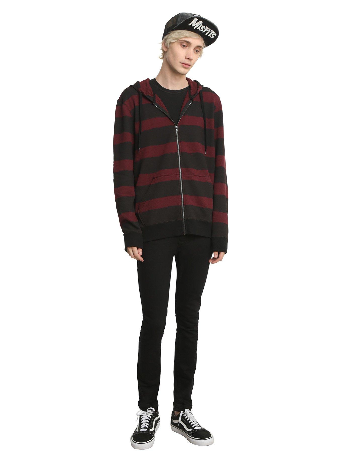 XXX RUDE Burgundy Striped French Terry Hoodie, , alternate