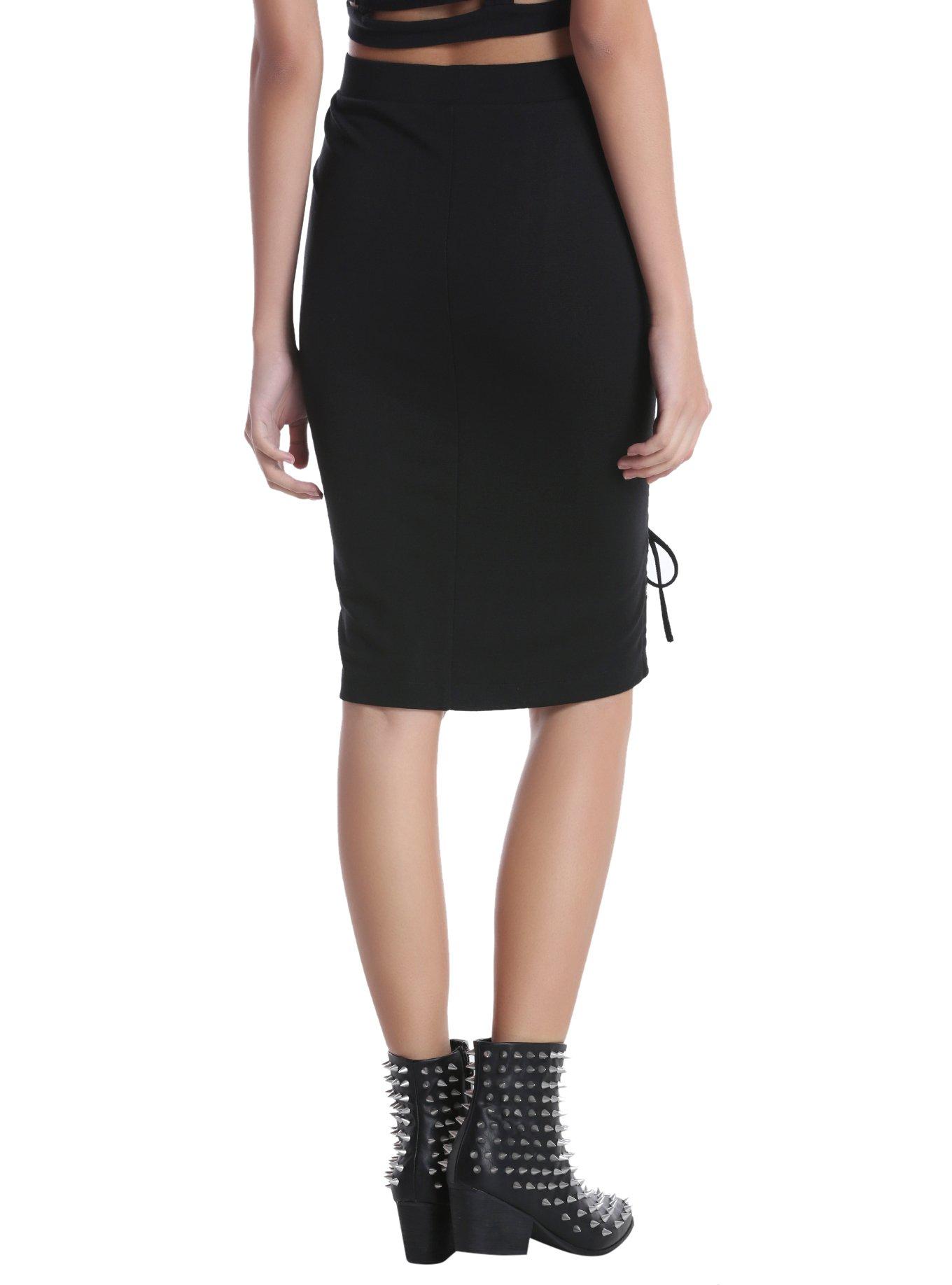 Black Lace-Up Front Pencil Skirt, , alternate