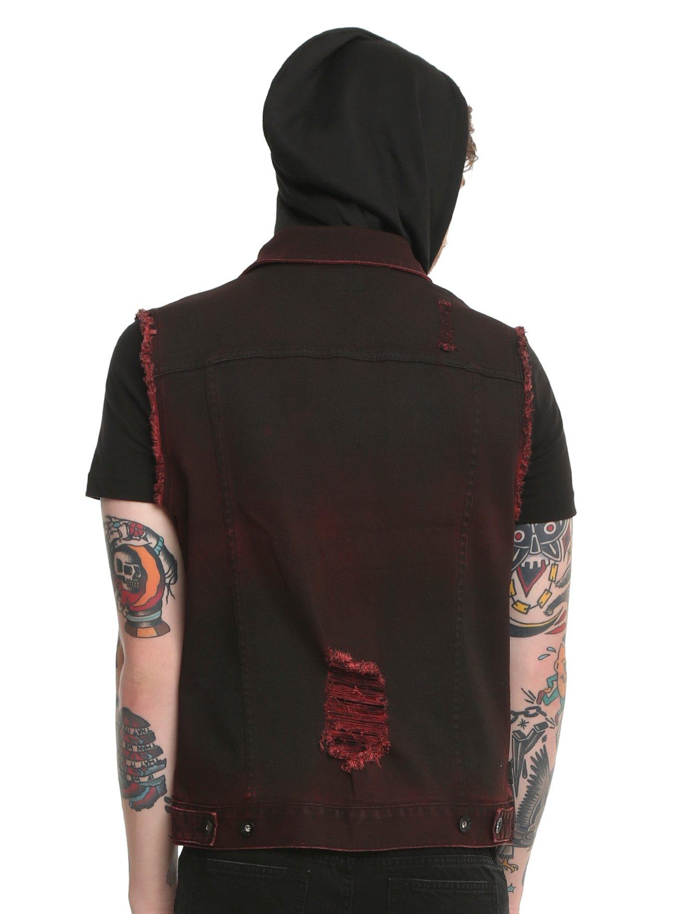XXX RUDE Hooded Red Acid Wash Vest, , alternate