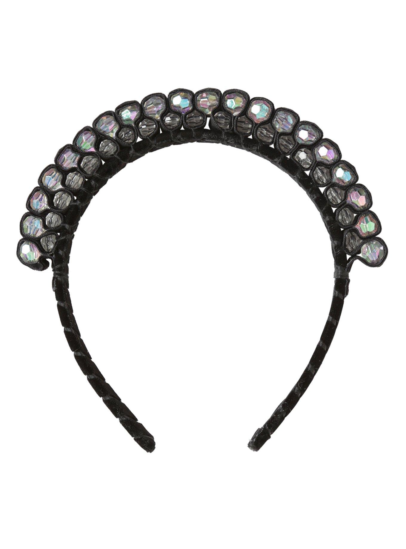 Clear Beaded Black Velvet Headband, , alternate