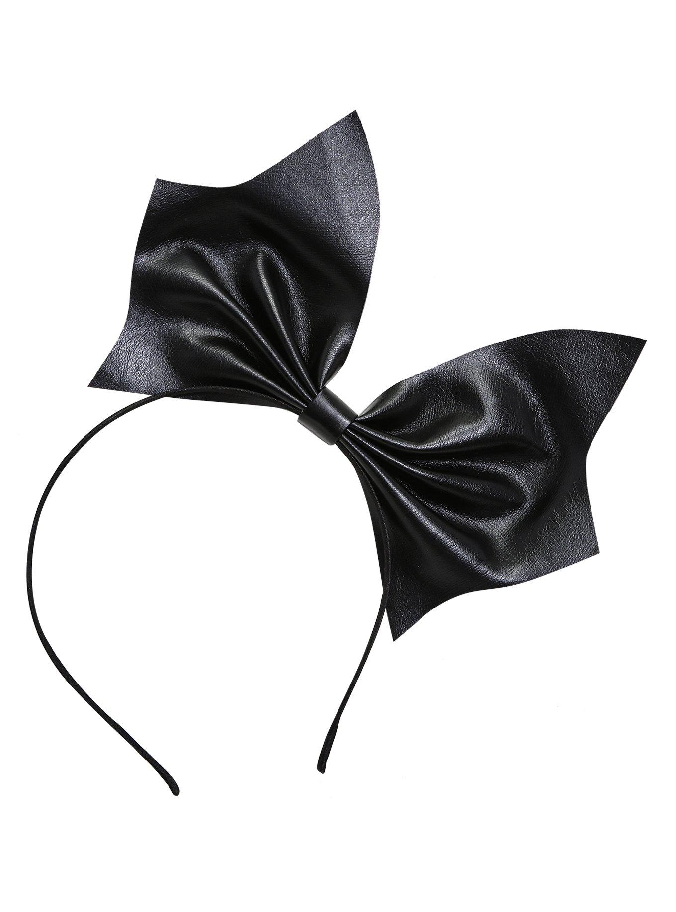 Large Black Faux Leather Bow Headband, , alternate