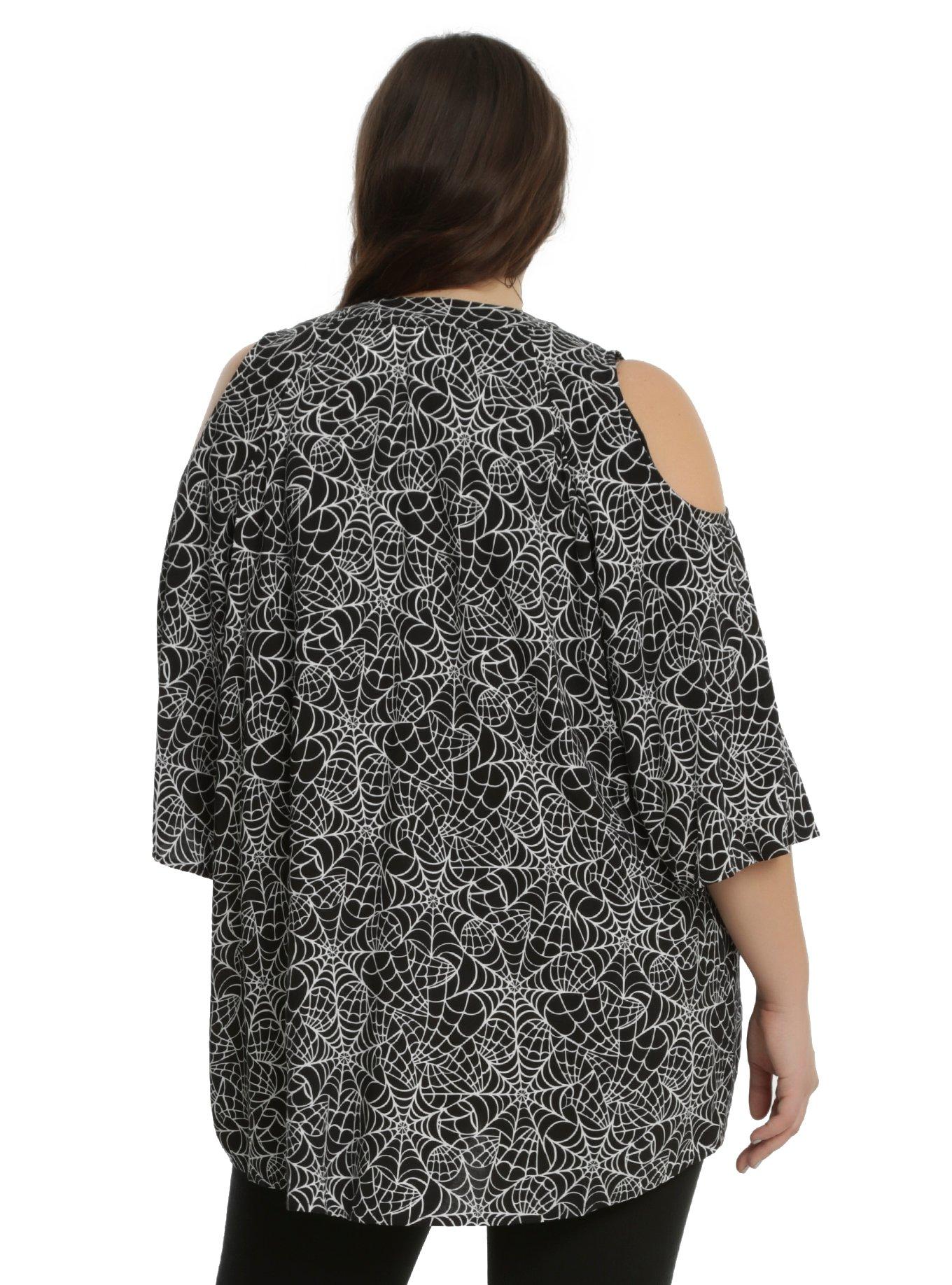 Black & White Spiderweb Cold Shoulder Kimono Plus Size, , alternate