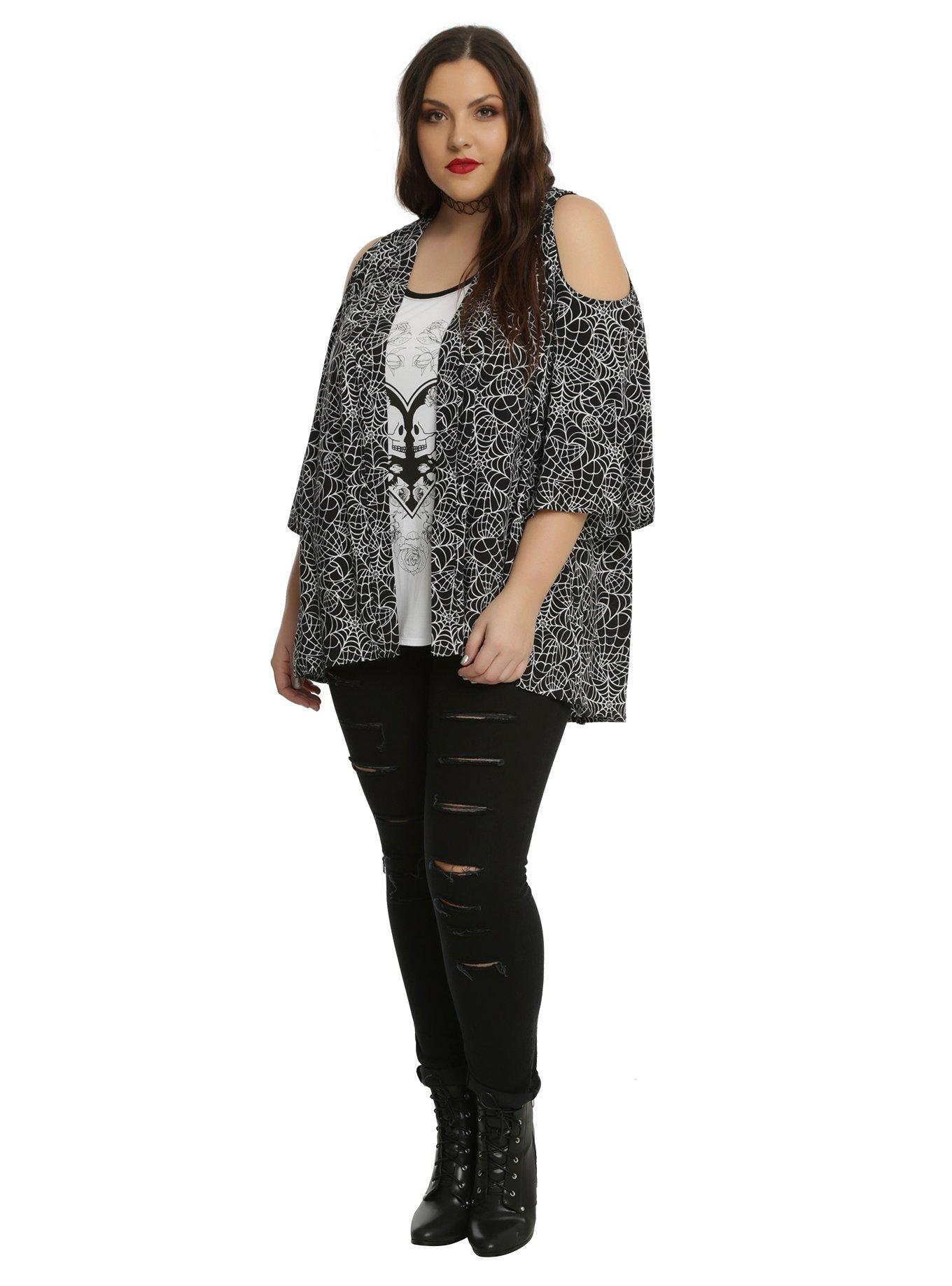 Black & White Spiderweb Cold Shoulder Kimono Plus Size, , alternate